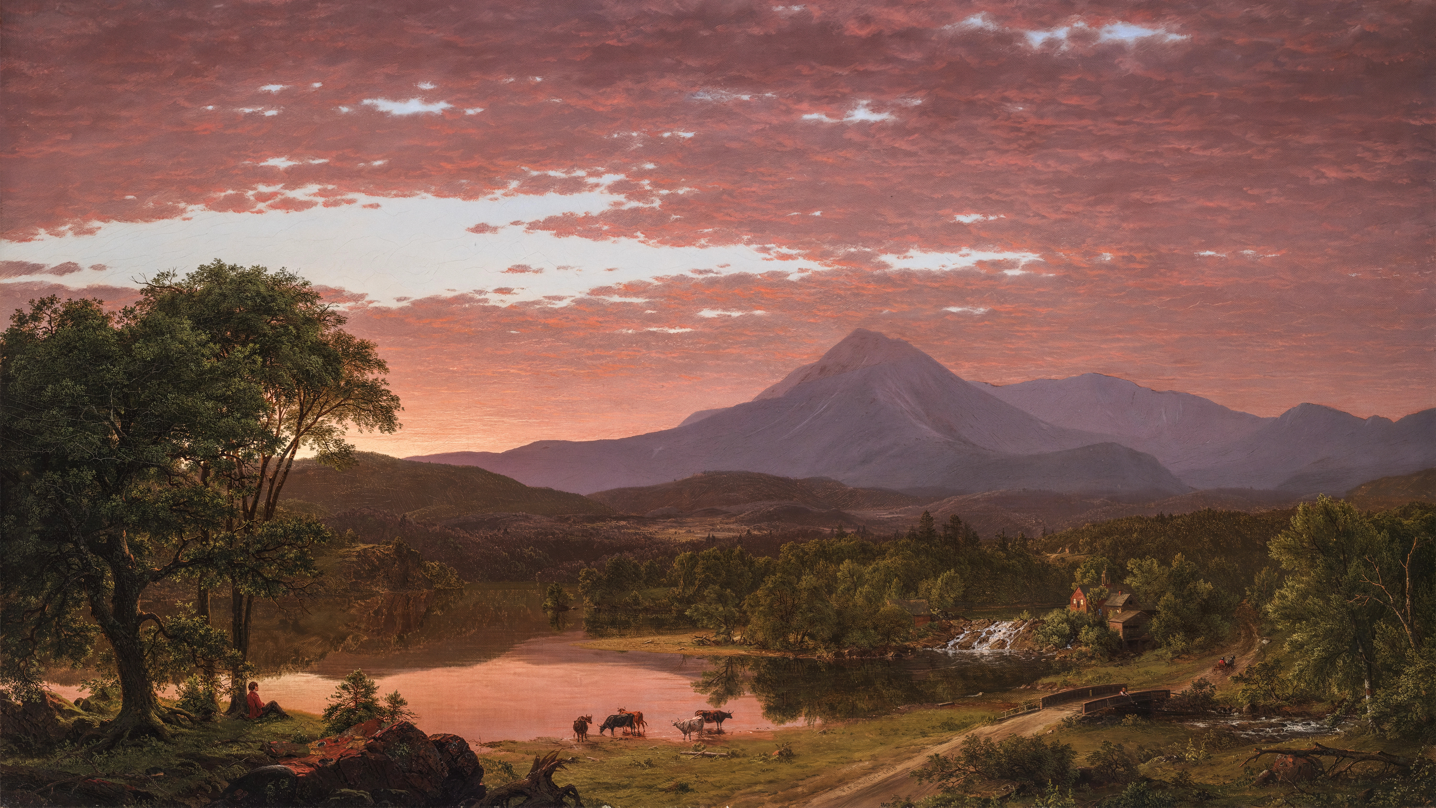 风景 绘画 自然 画布 树木 云 日落 山 牛 河 壁纸 6000×3375