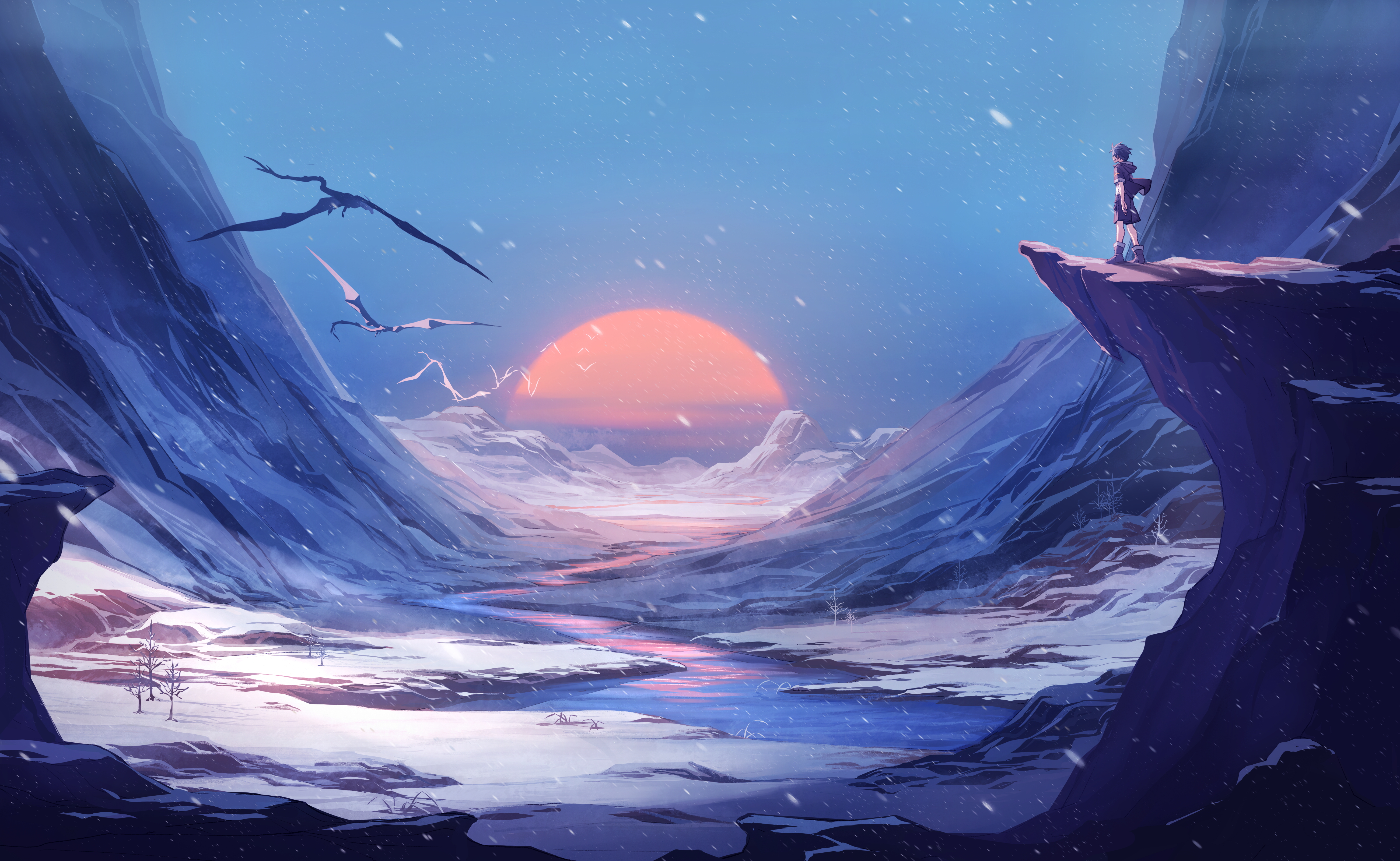 经典艺术品 雪 日落 山脉 风景 河流 壁纸 5200×3200