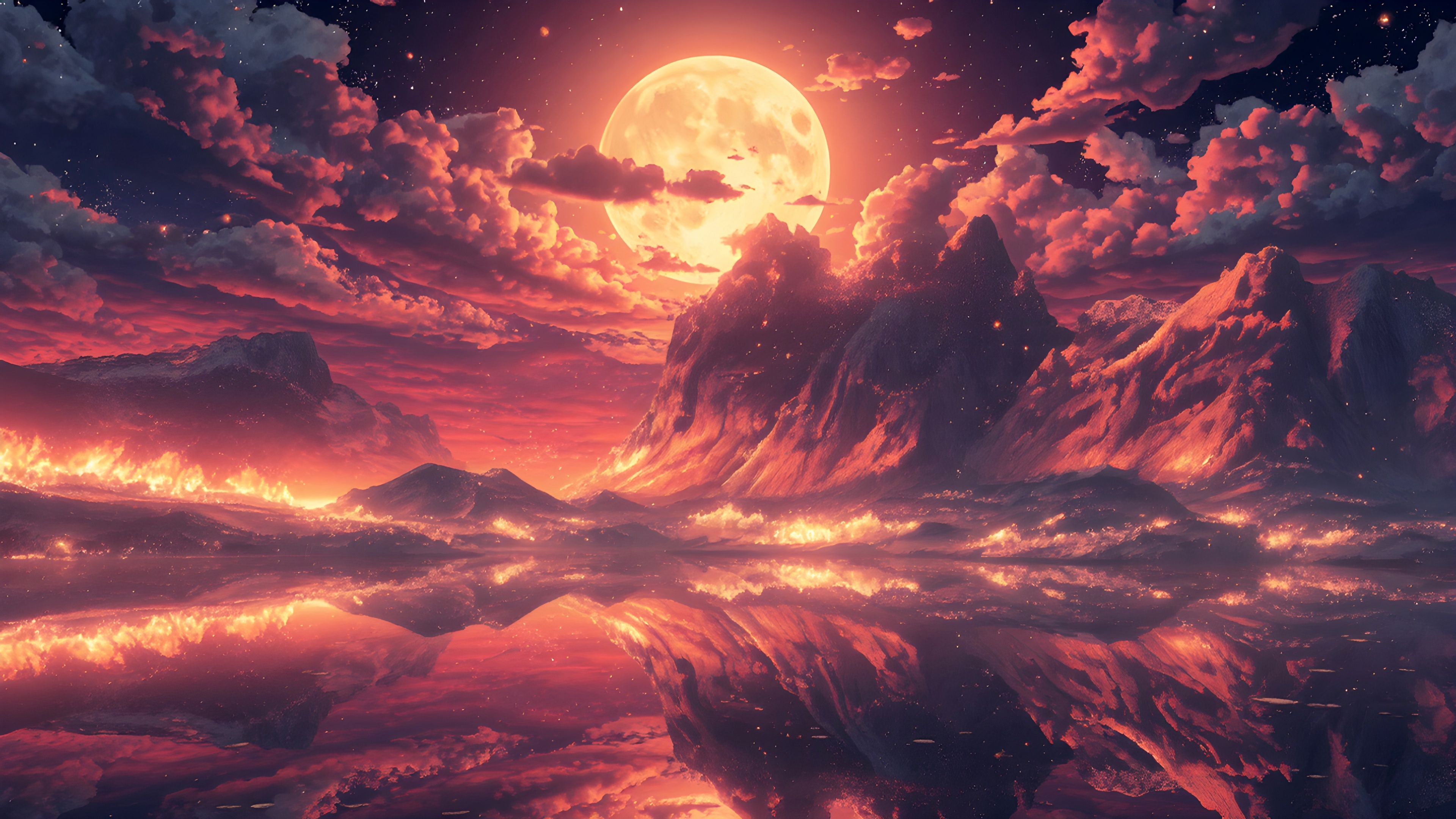 天空 云 月亮 数字艺术 倒影 喷发 满月 红月 亮 火山 夜 风景 自然 壁纸 3840×2160