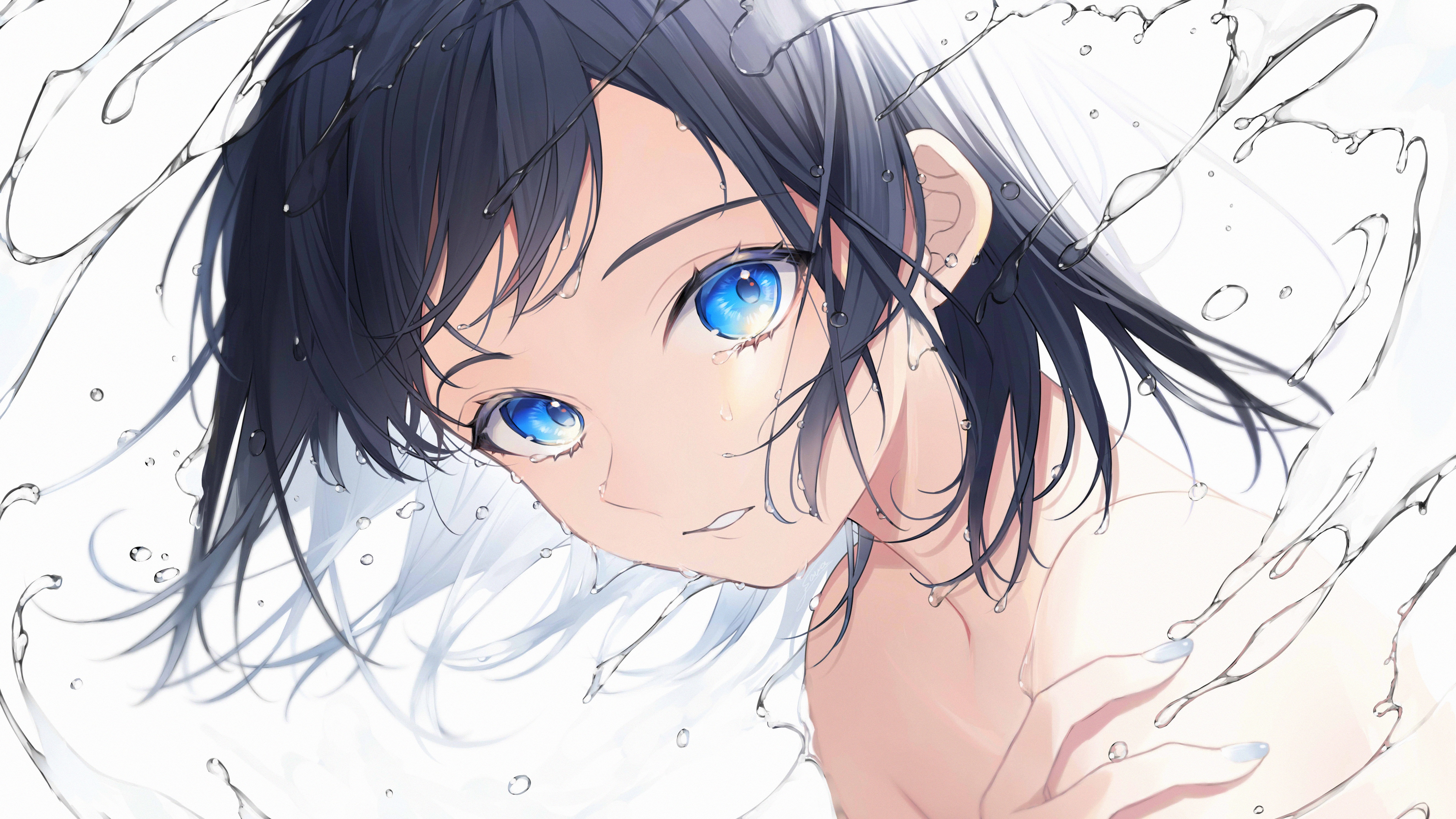 高清黑头发 蓝眼睛 肩膀 小川 动漫 女孩 水 壁纸 5300×2980