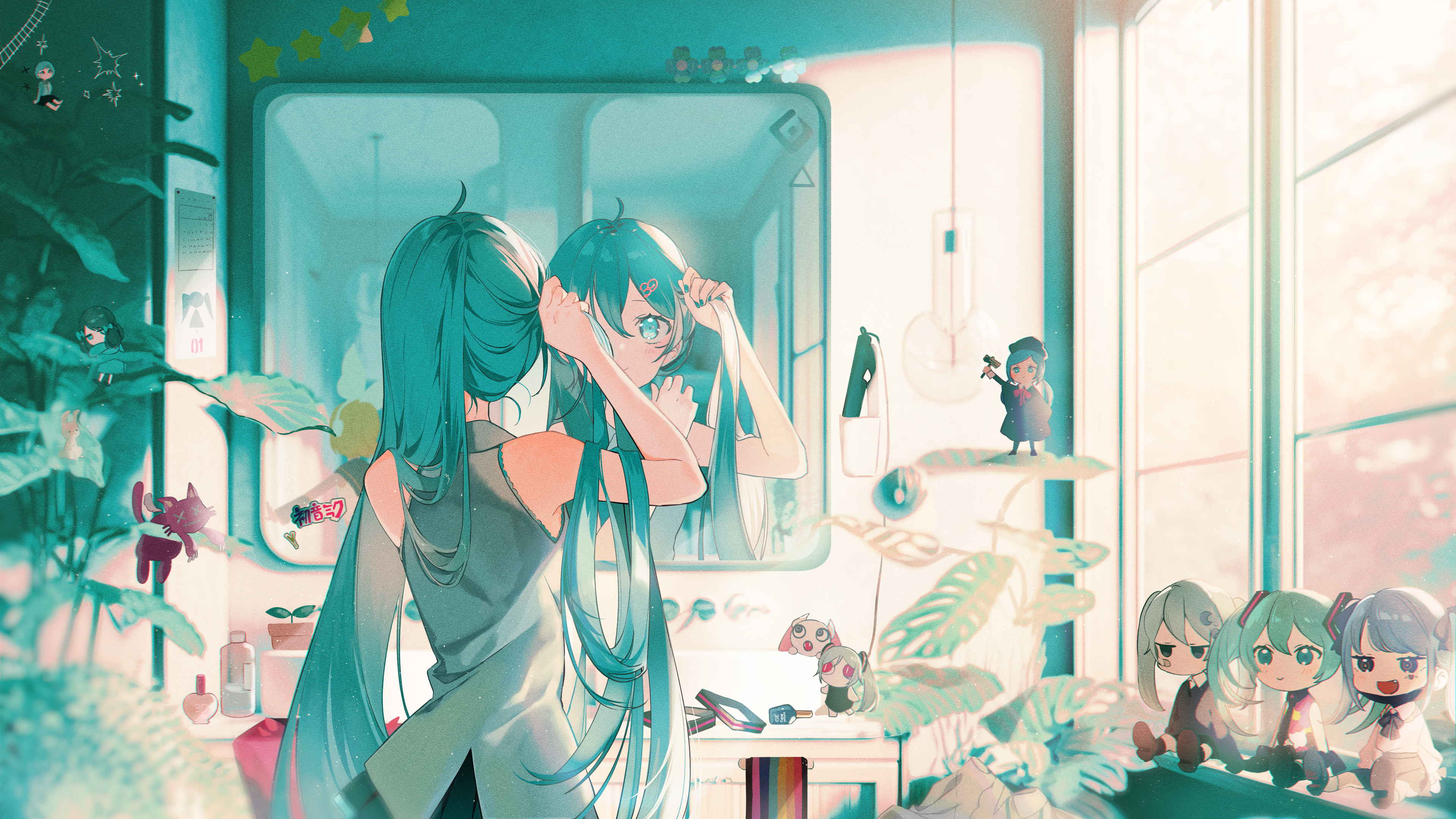 长发 蓝头发 蓝眼睛 初音 动漫 小提琴 女孩 双尾 镜子 倒影 窗户 阳光 4K高清壁纸 3840×2160