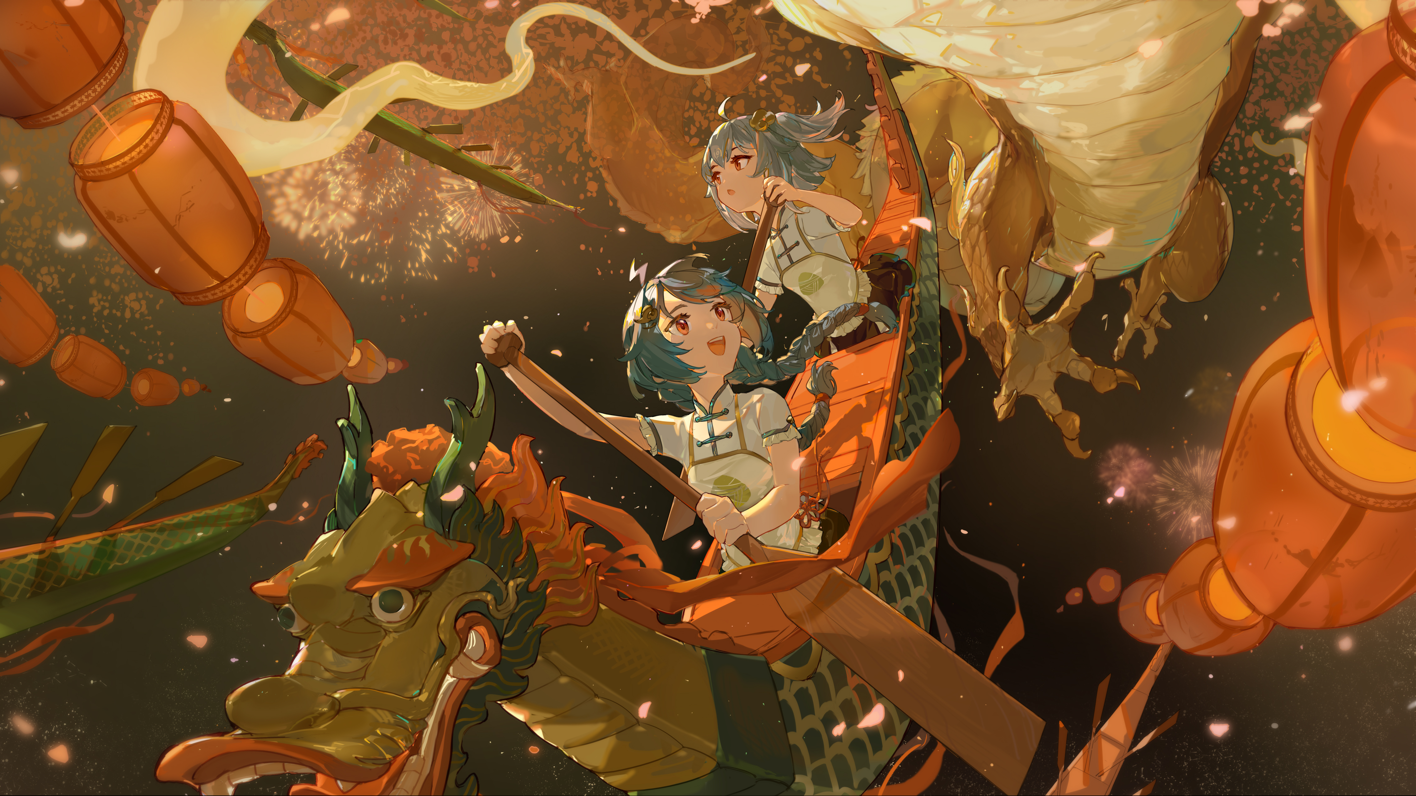 精选女孩 动漫 AI艺术 新年 烟花 仰视 无水印壁纸 4551×2561