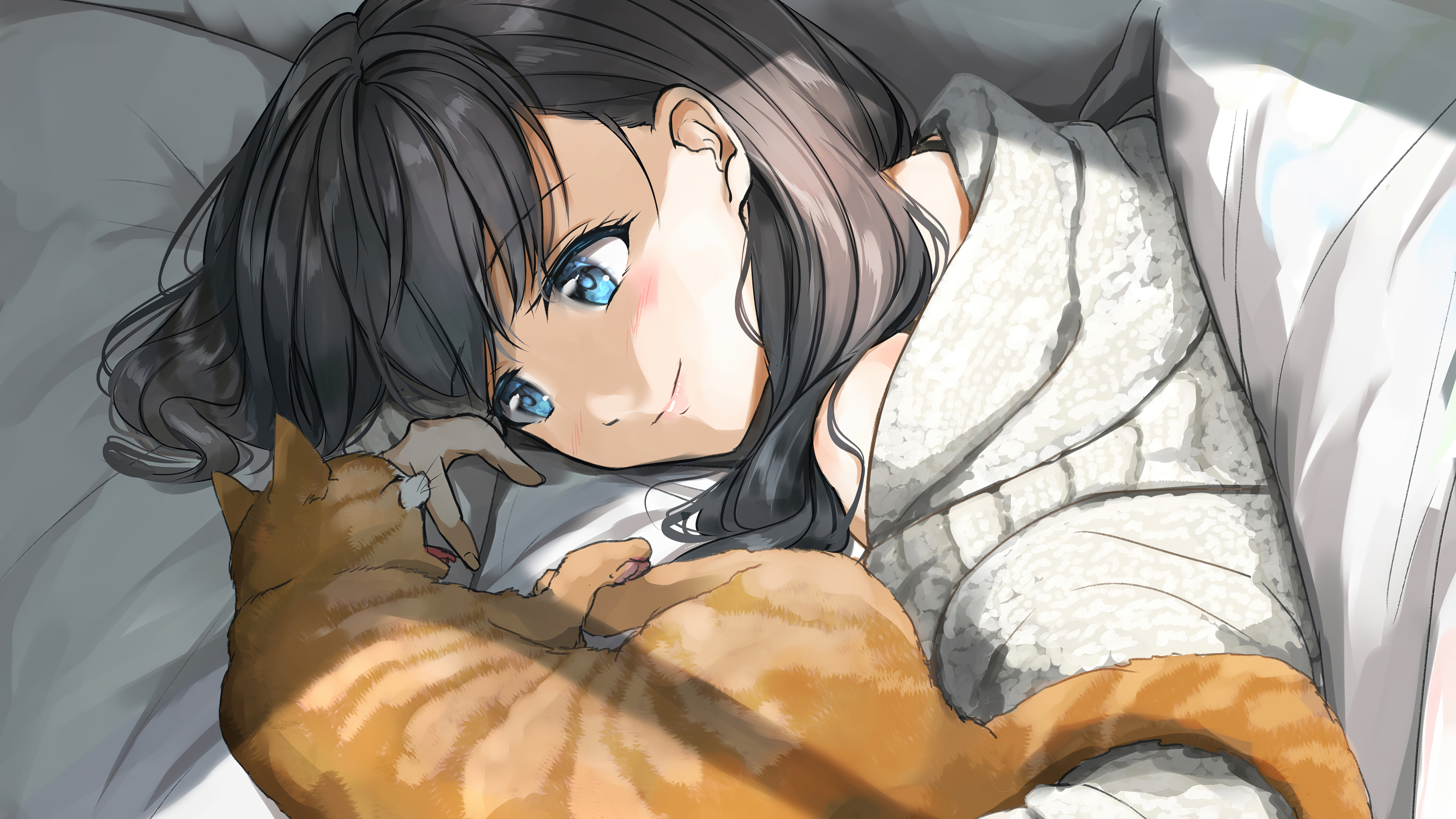 蓝眼睛 动漫 女孩 猫 桌面壁纸 3840×2160