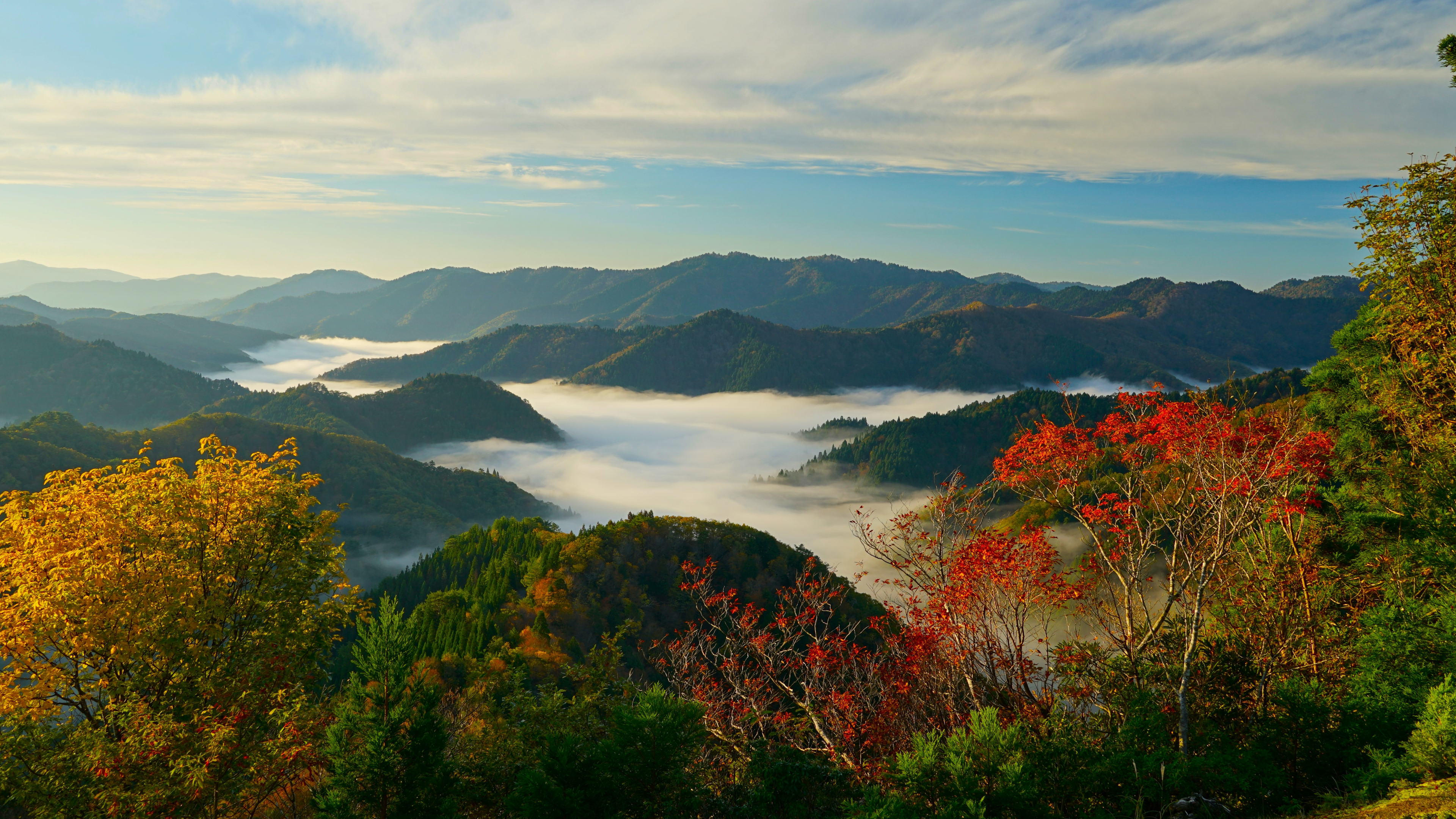 自然 风景 树木 天空 云 森林 山脉 薄雾 山景 秋天 4K高清壁纸 3840×2160