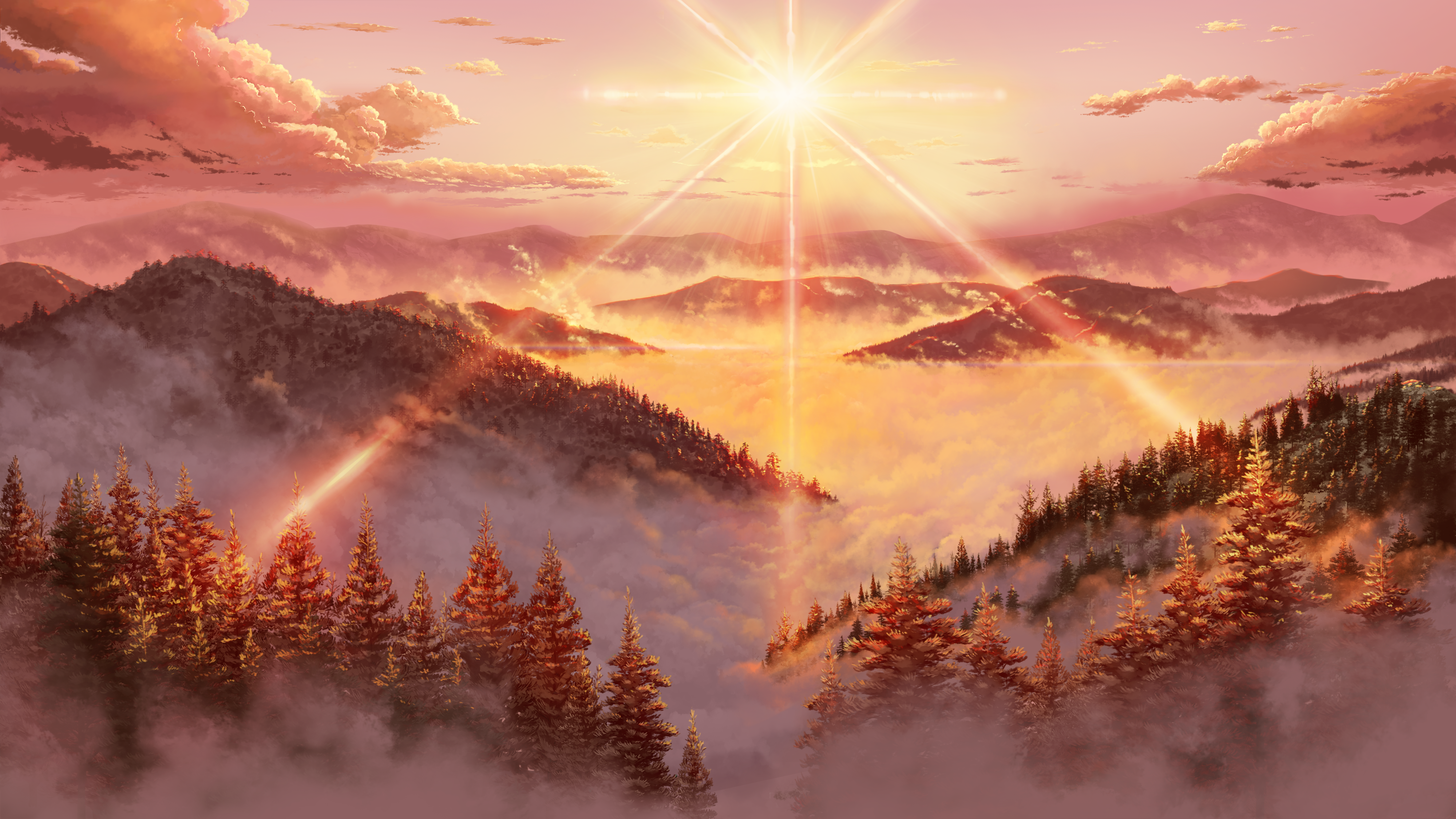 AI艺术 插图 风景 山脉 森林 树木 太阳 天空 云 阳光 自然 日落 夕阳辉光 4K高清壁纸 4000×2250