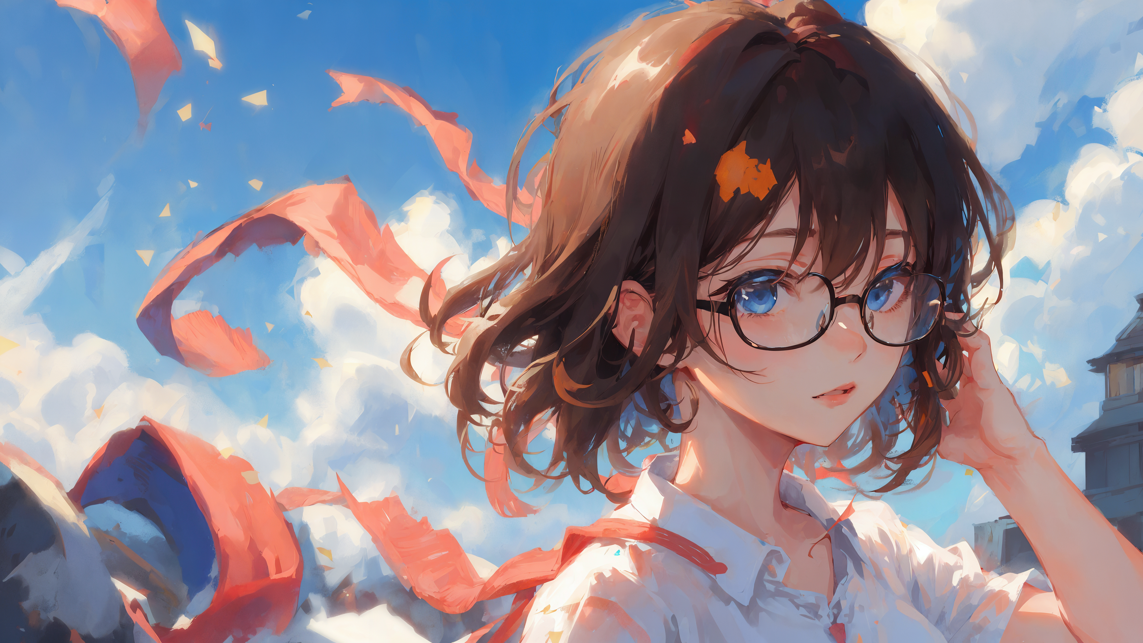 绚丽短发 动漫 女孩 眼镜 艺术 云 高清壁纸 3840×2160