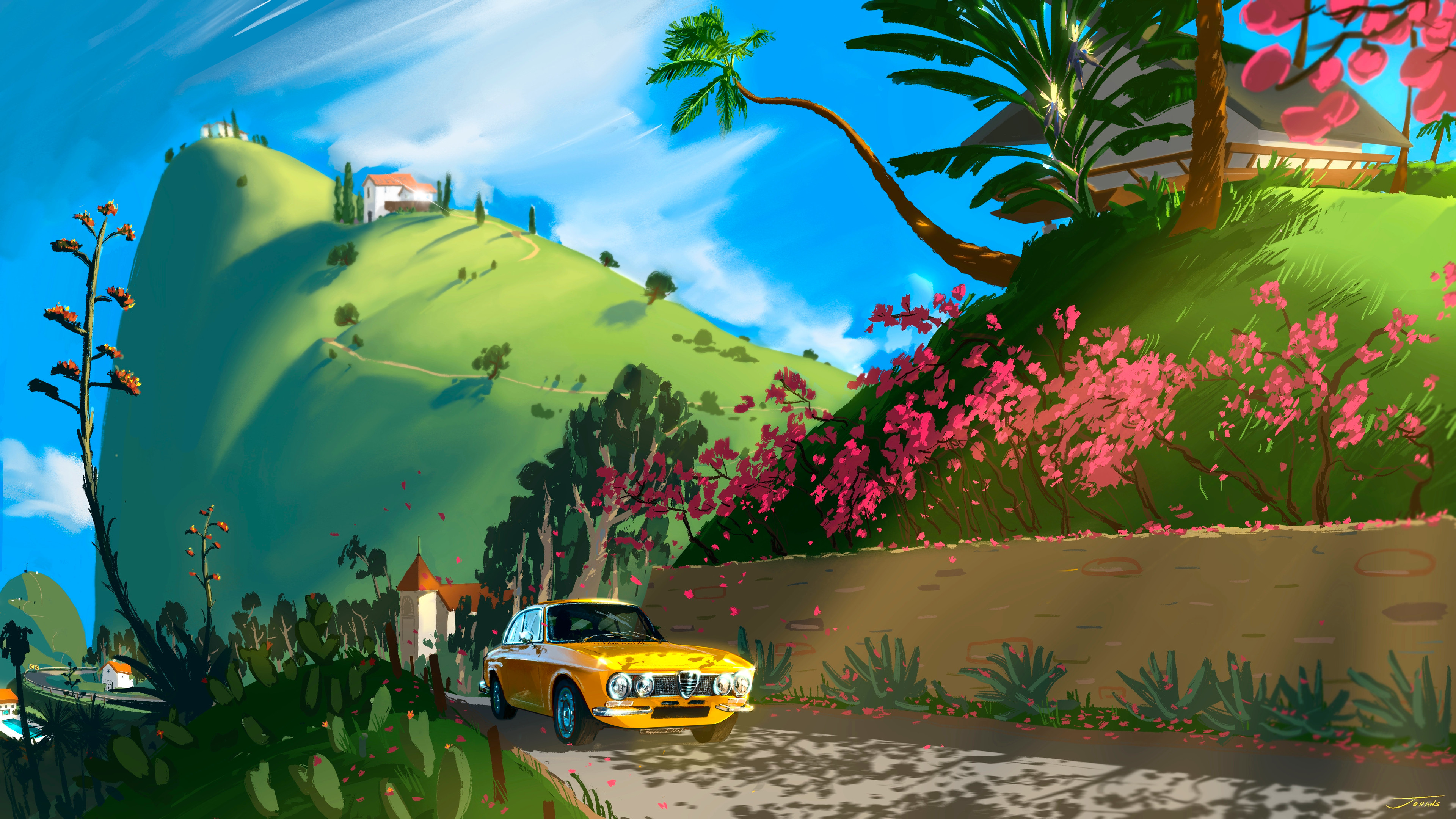 绚丽风景 黄色 汽车 鲜花 粉花 数码 绘画 草地 景深 丘陵 艺术 无水印壁纸 3840×2160
