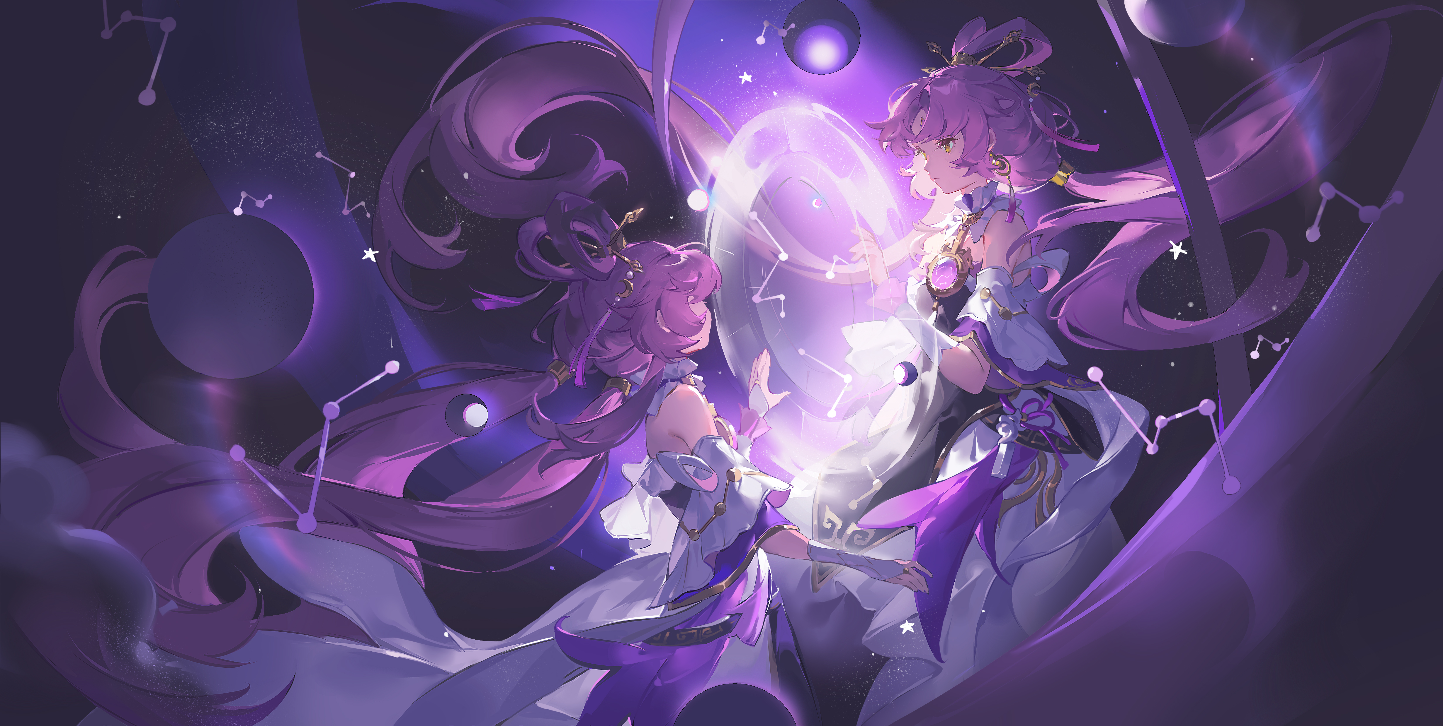 热门粉色头发 长发 动漫 女孩 星际铁路 黄眼睛 双尾 星座 高清壁纸 4923×2480