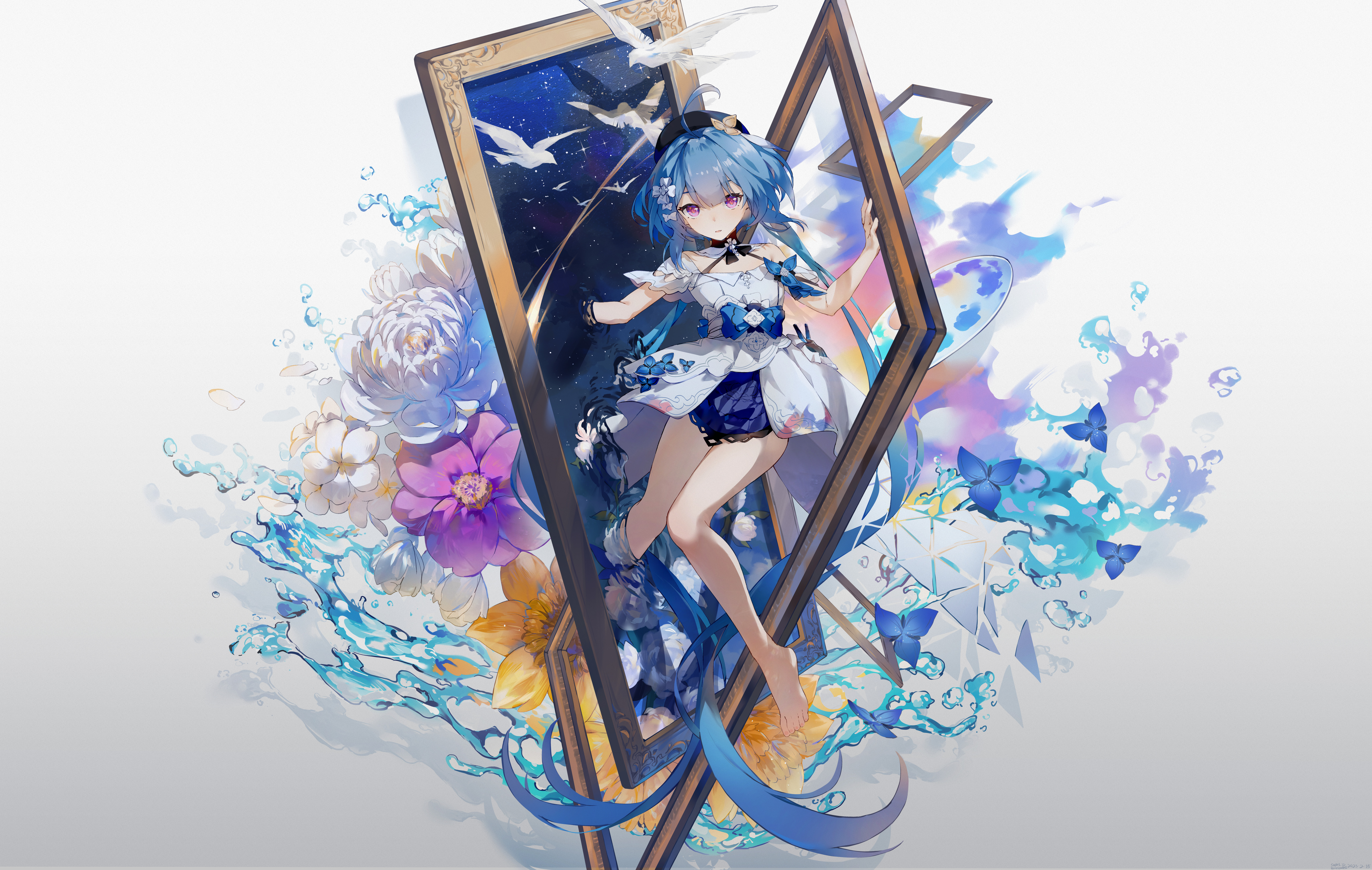 蓝色头发 赤脚 动漫 女孩 紫色眼睛 白色 连衣裙 绘画 帽子 水 花 白色背景 简单背景 4K壁纸 9396×5960