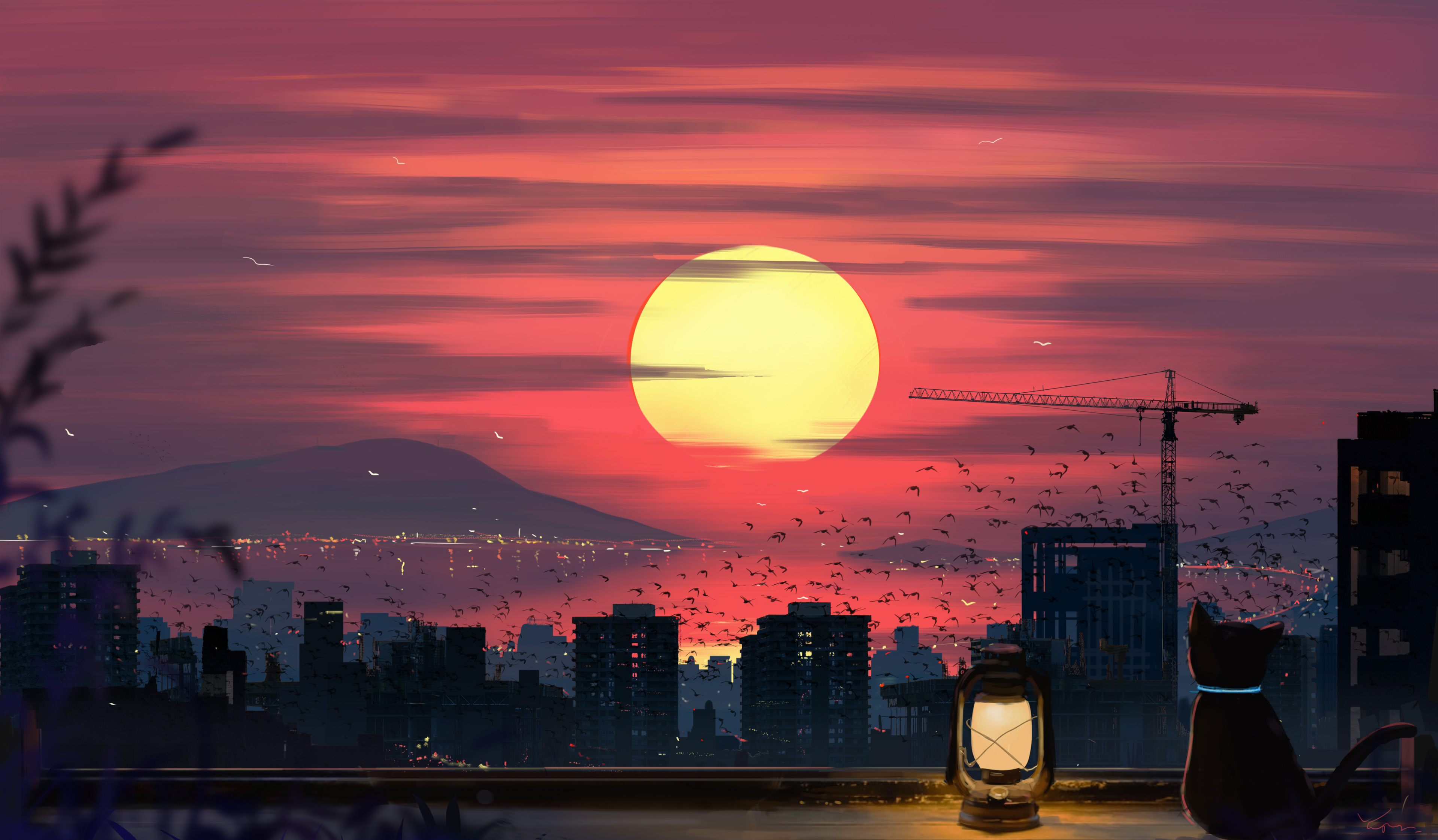经典于净 猫 灯笼 建筑 屋顶 起重机 机器 山 天际线 太阳 夕阳 水 云 城市 景观 风景 鸟 壁纸 3840×2244