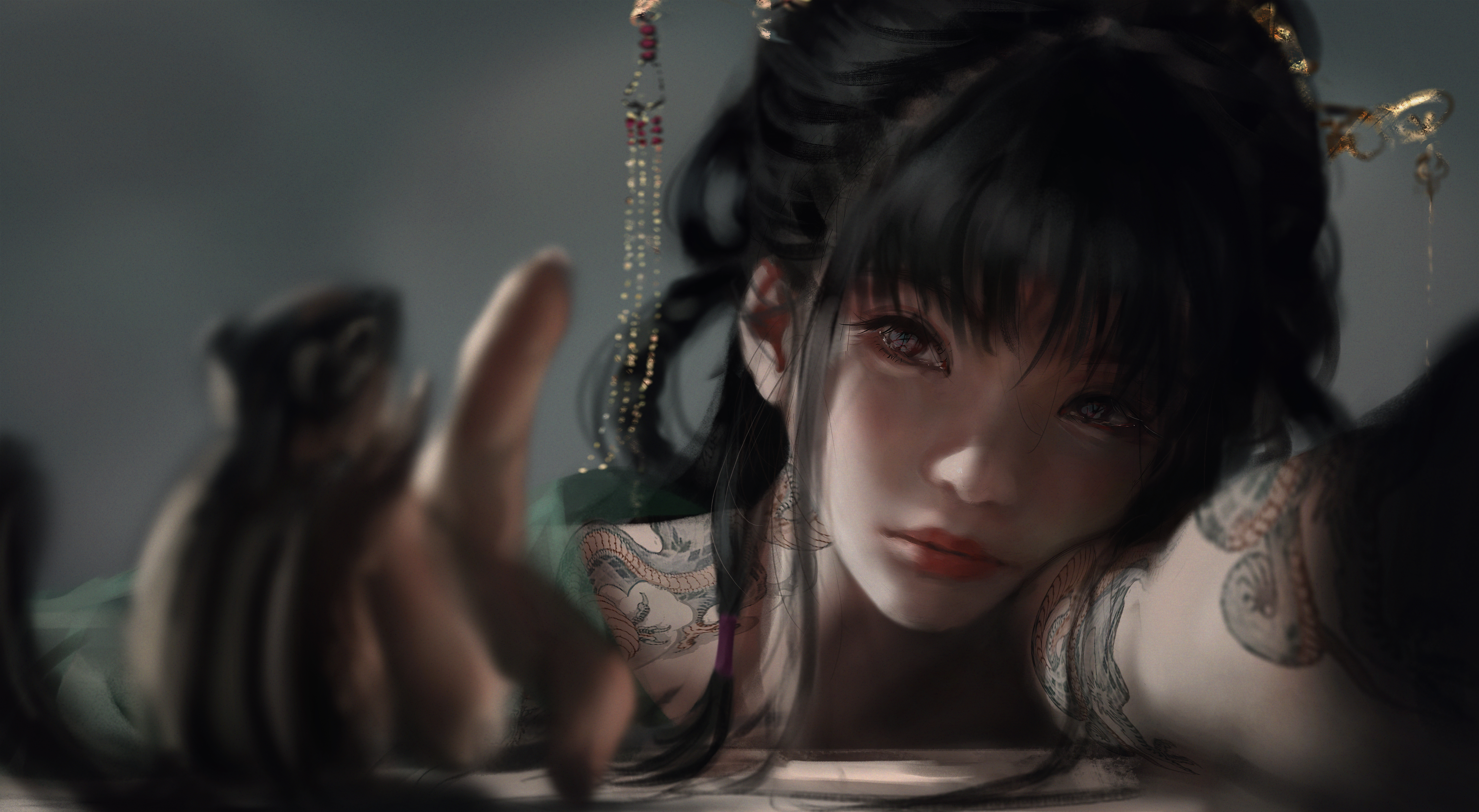 高清女人 幻想 女孩 脸 墨水 幻想艺术 AI艺术 黑发 桌面壁纸 8000×4394