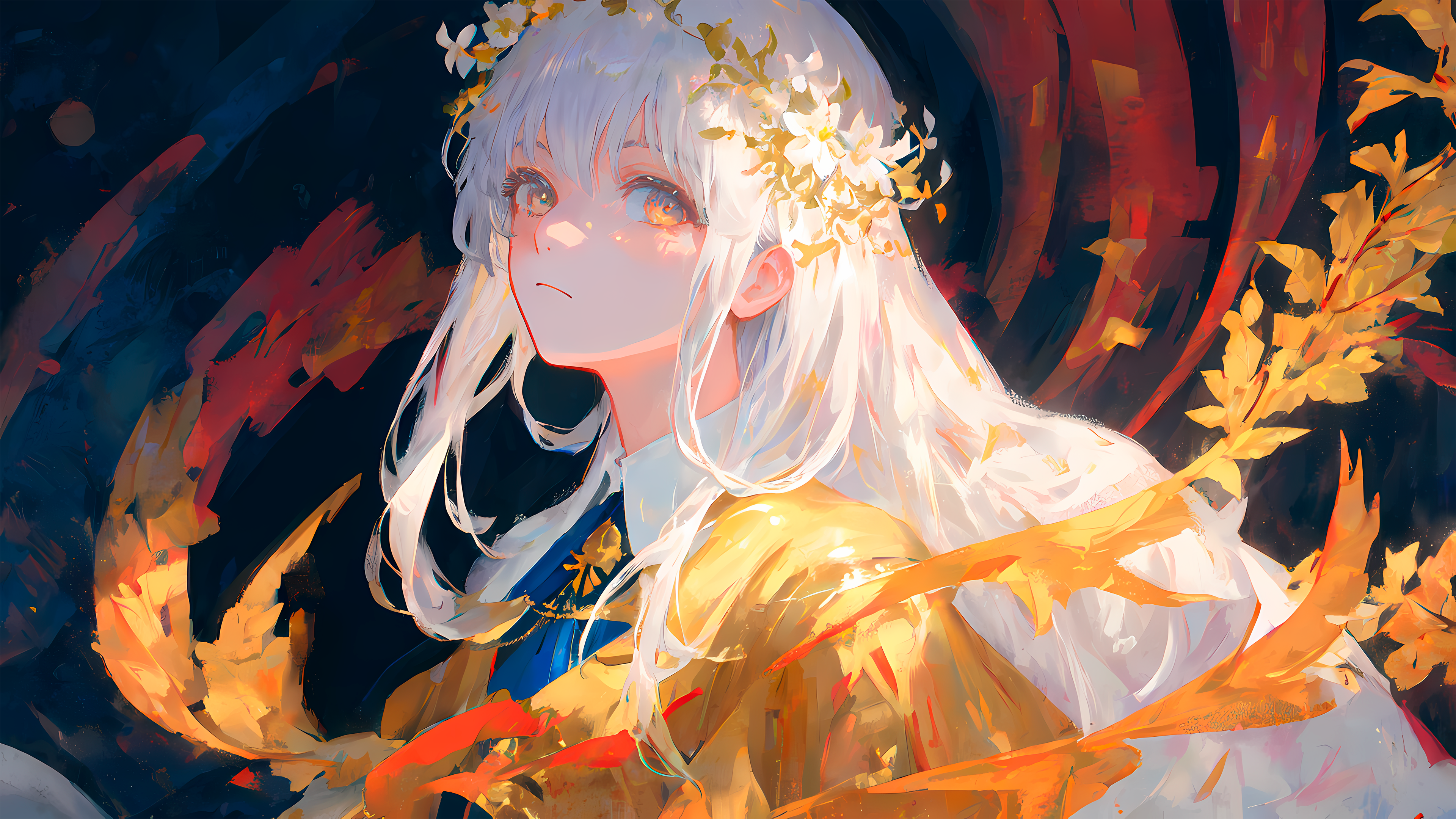 女人 白发 长发 花 动漫 女孩 人工智能 艺术 壁纸 3840×2160