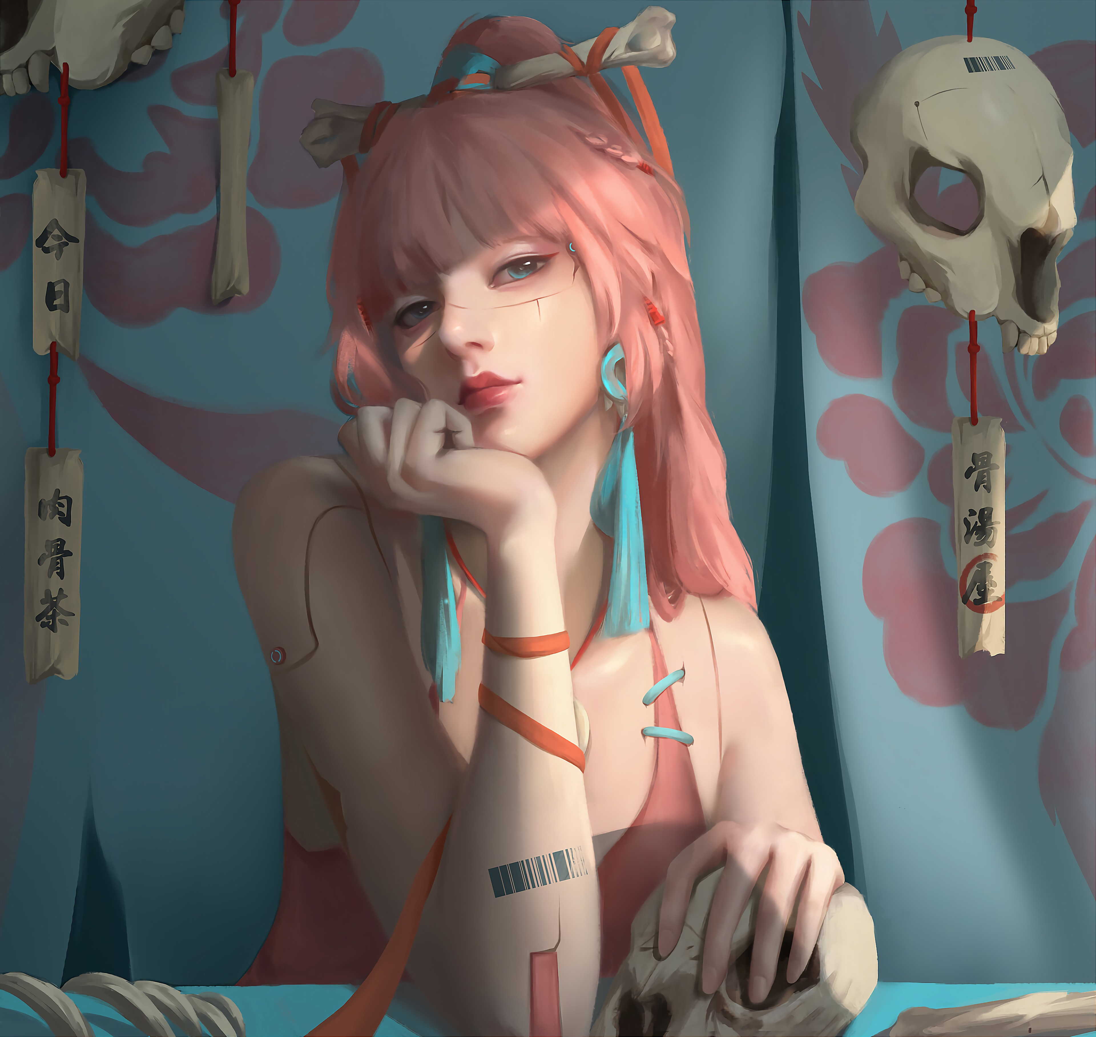女人 长发 粉色头发 蓝眼睛 春秋 骨架 壁纸 3840×3632