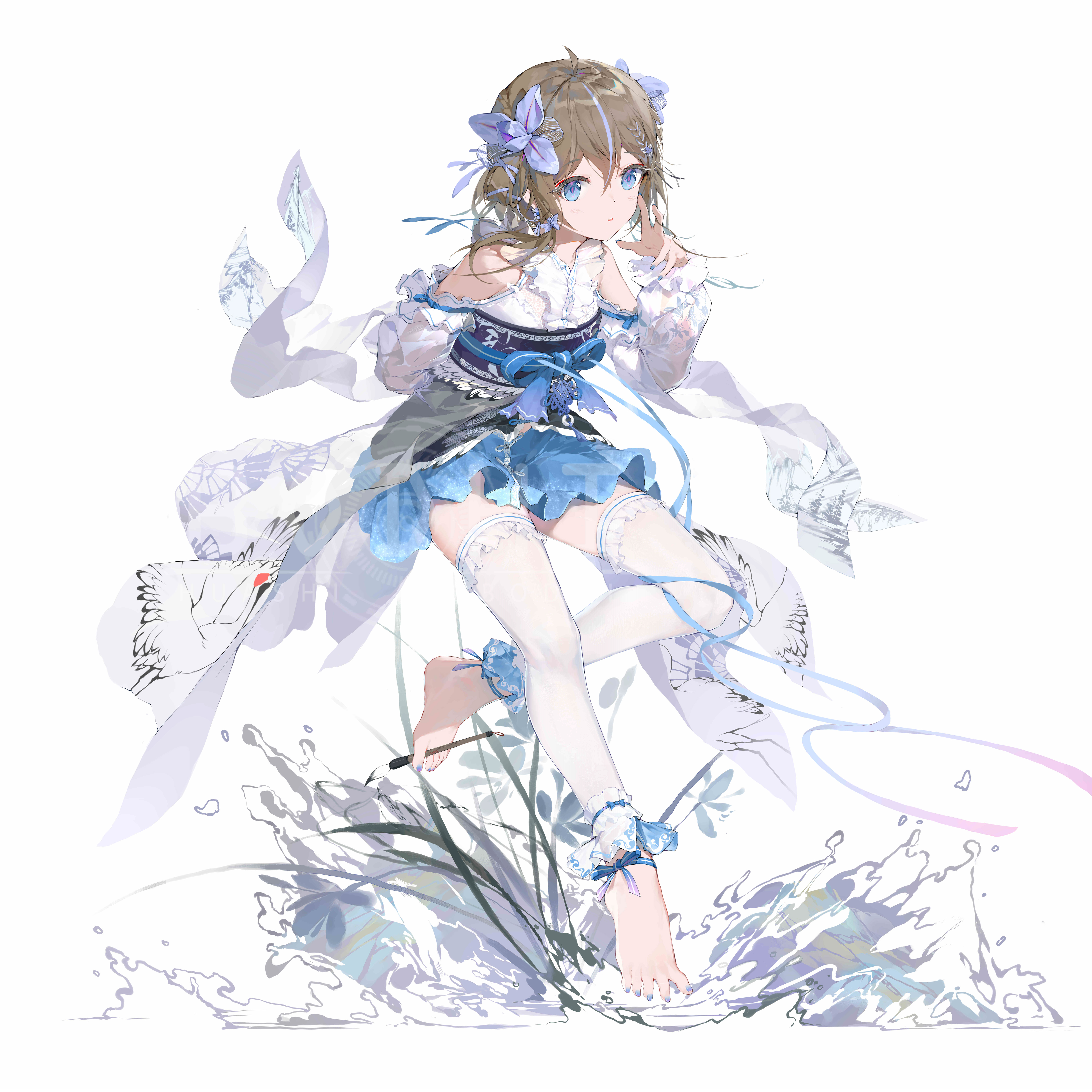 菩提 蓝眼睛 脚 动漫 女孩 长袜 白色背景 极简主义 手机 壁纸 4860×4860