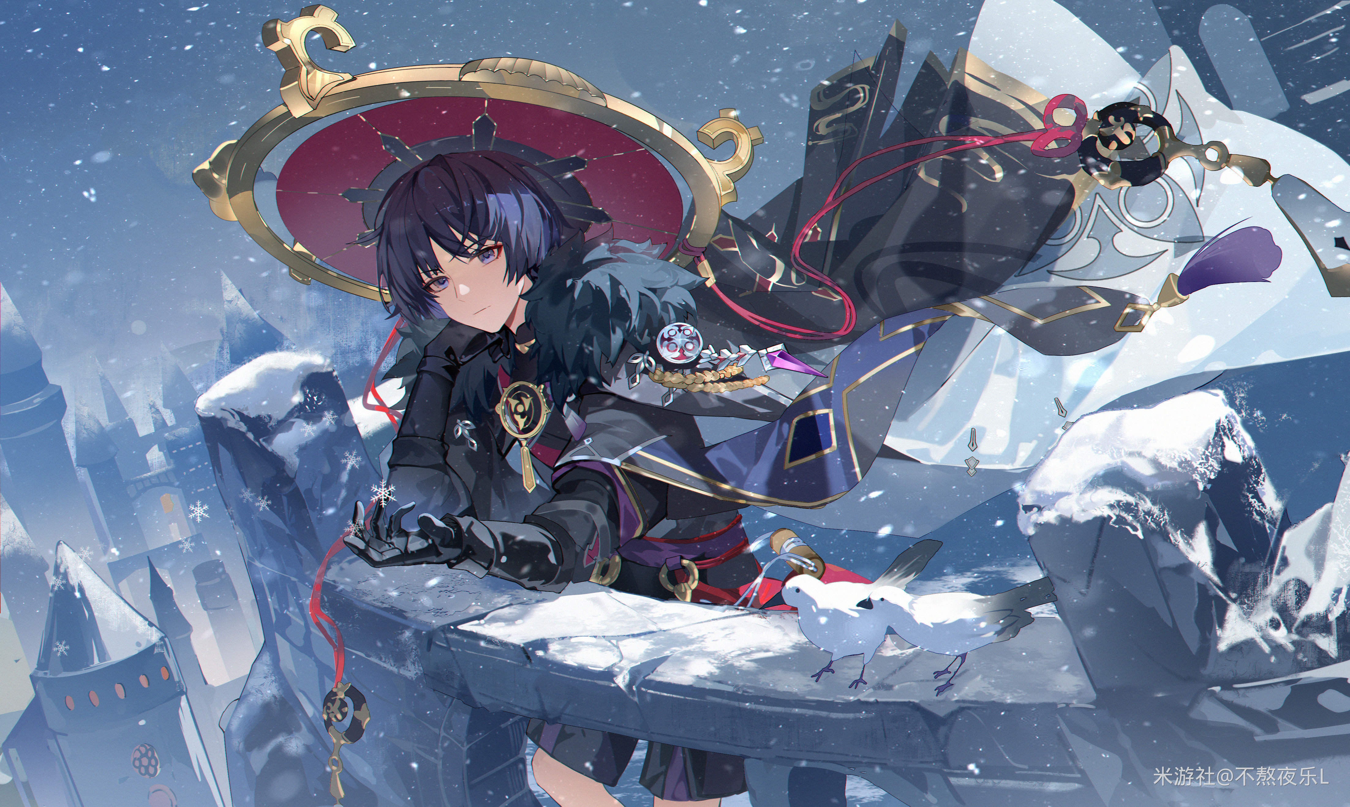 站立 漫游者 原神 动漫 男孩 雪 手套 雪花 鸟 动物 帽子 4K高清壁纸 4408×2636