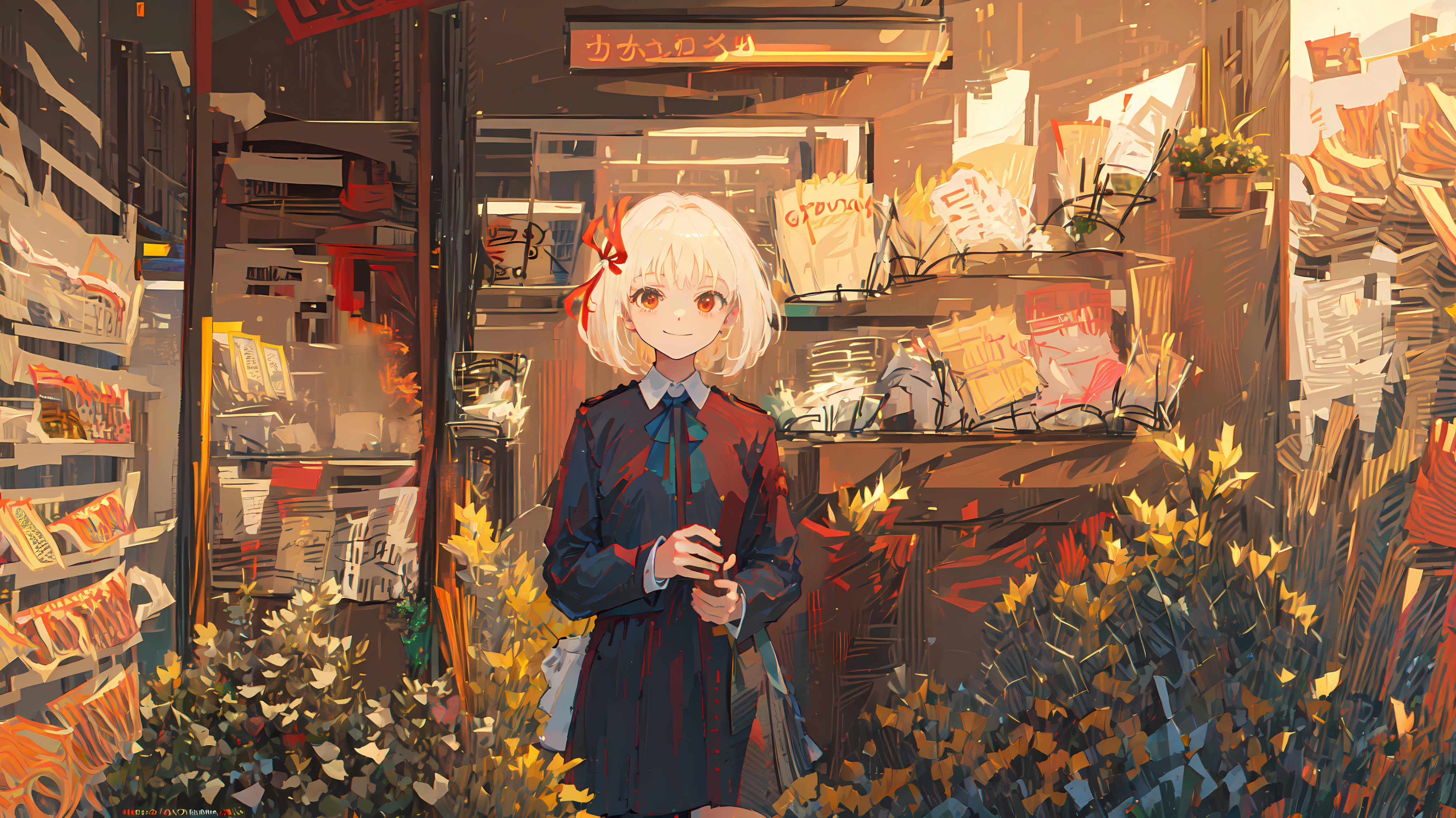 绚丽微笑 短发 女学生 动漫 女孩 校服 鲜花 植物 人工智能 图书馆 花店 花 4K壁纸 4095×2302