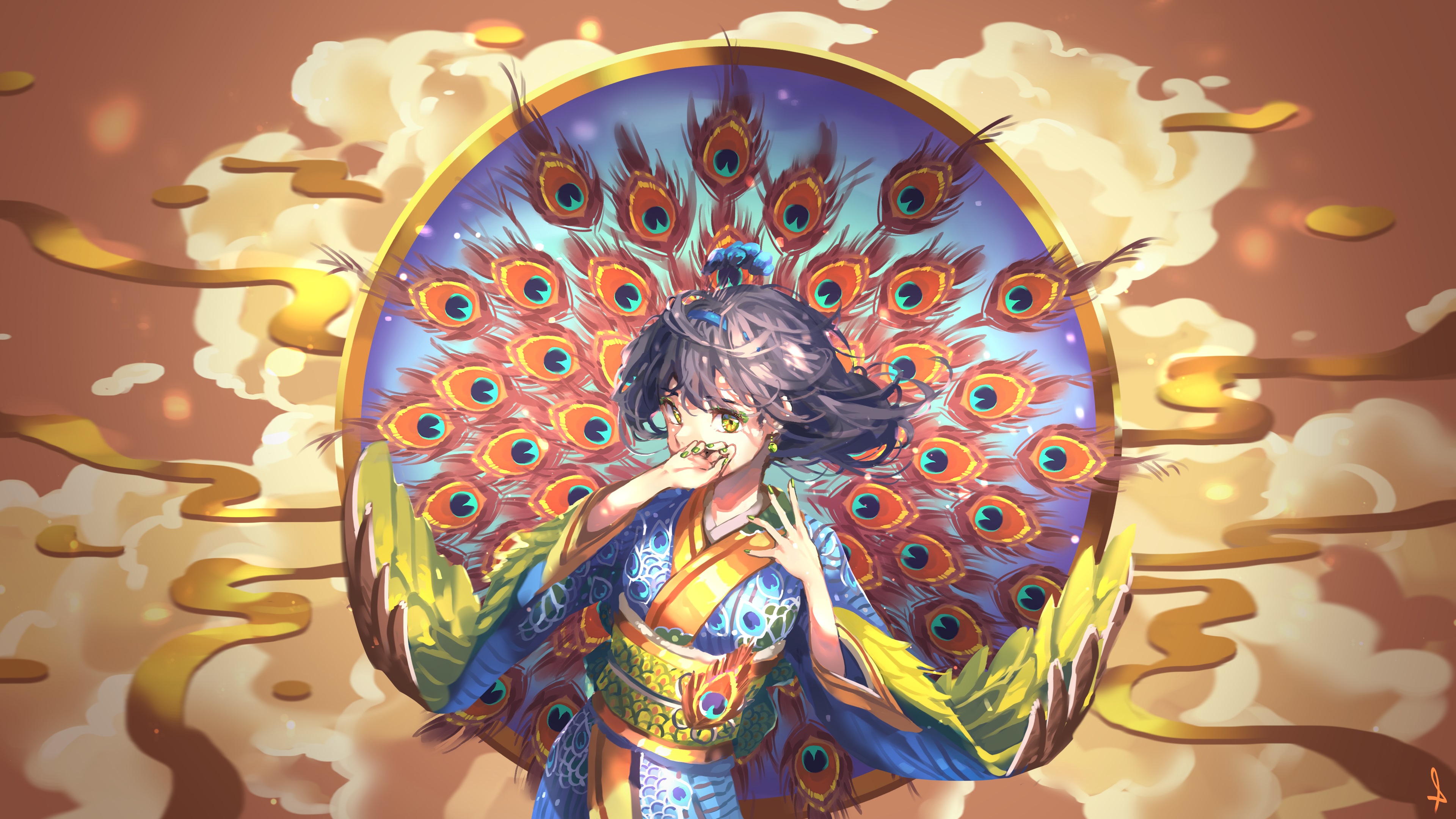奇幻女孩 动漫女孩 孔雀羽毛 奇幻艺术 传统服装 动漫 壁纸 3840×2160