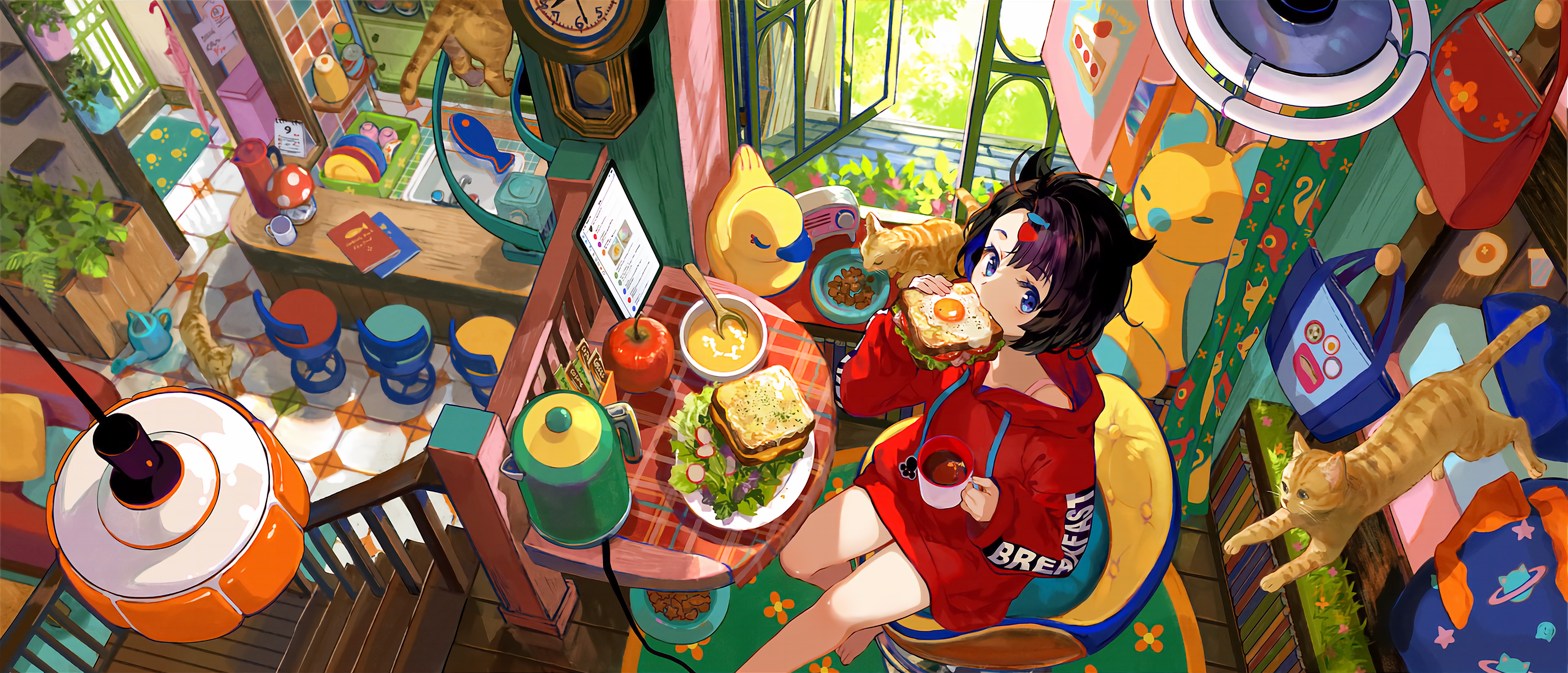 动漫 女孩 插图 鸟瞰 4K高清壁纸 5400×2319