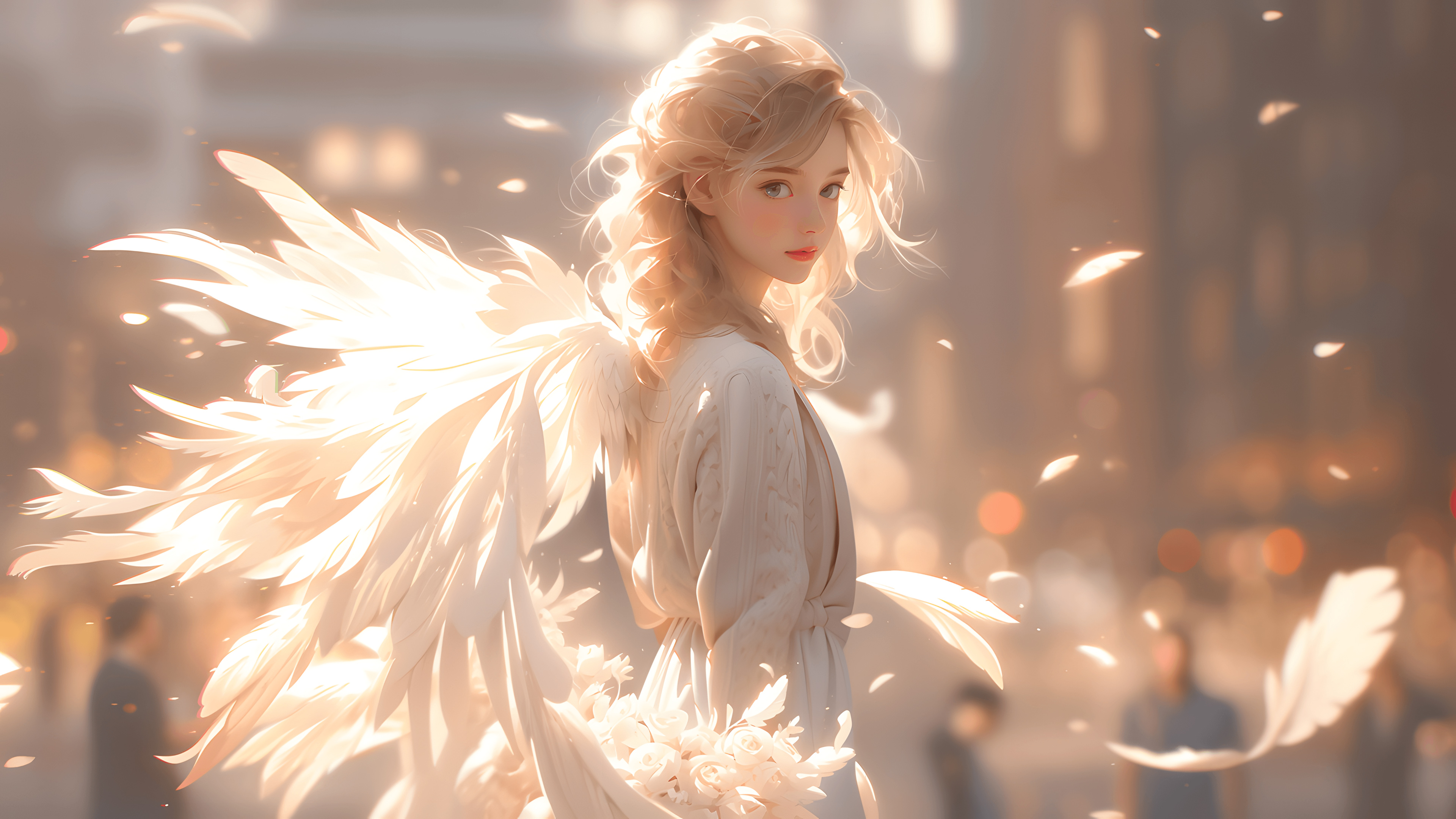 女人 金发 碧眼 艺术 翅膀 AI艺术 羽毛 壁纸 3840×2160