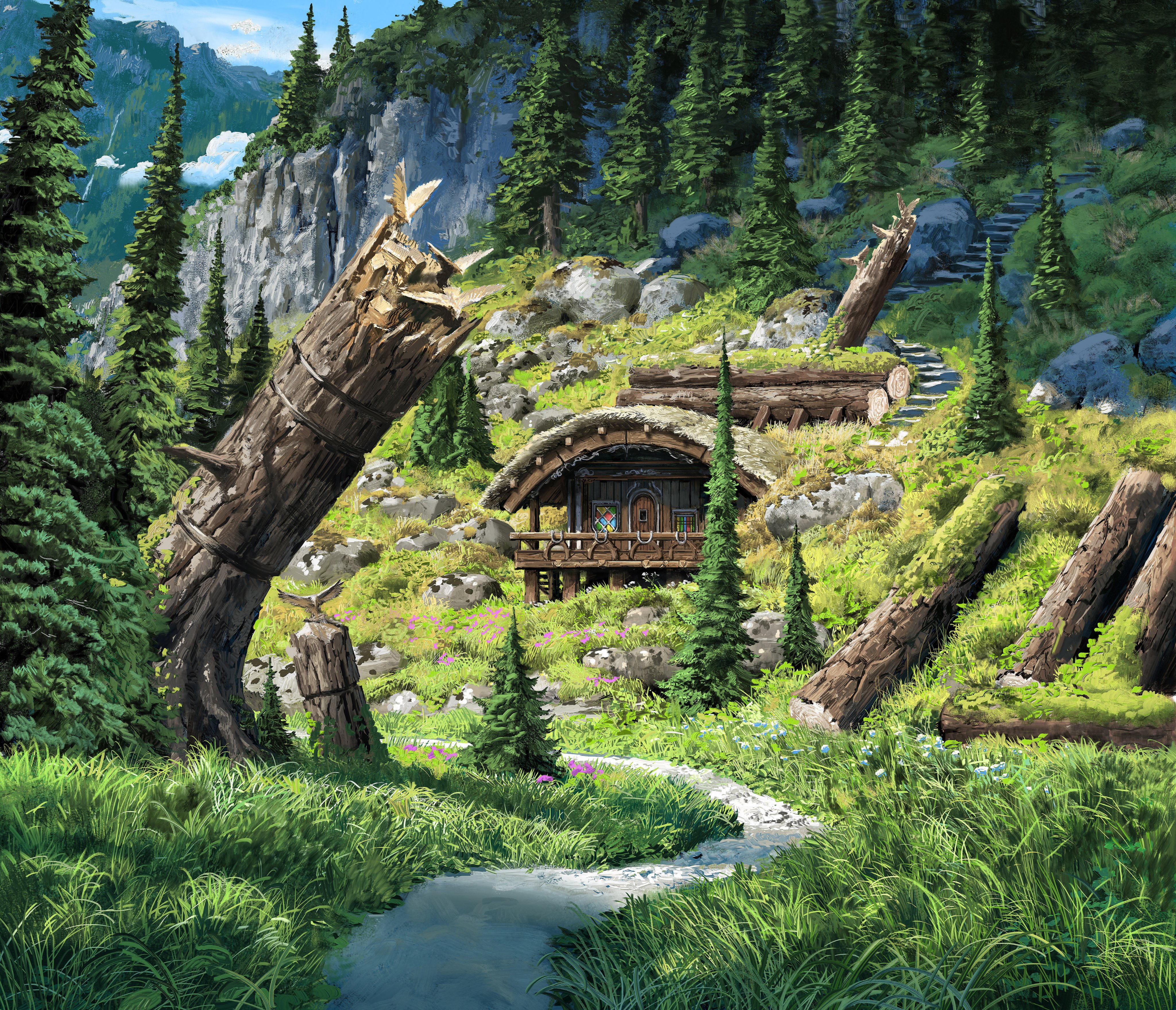 自然 树木 小屋 小溪 壁纸 4096×3519