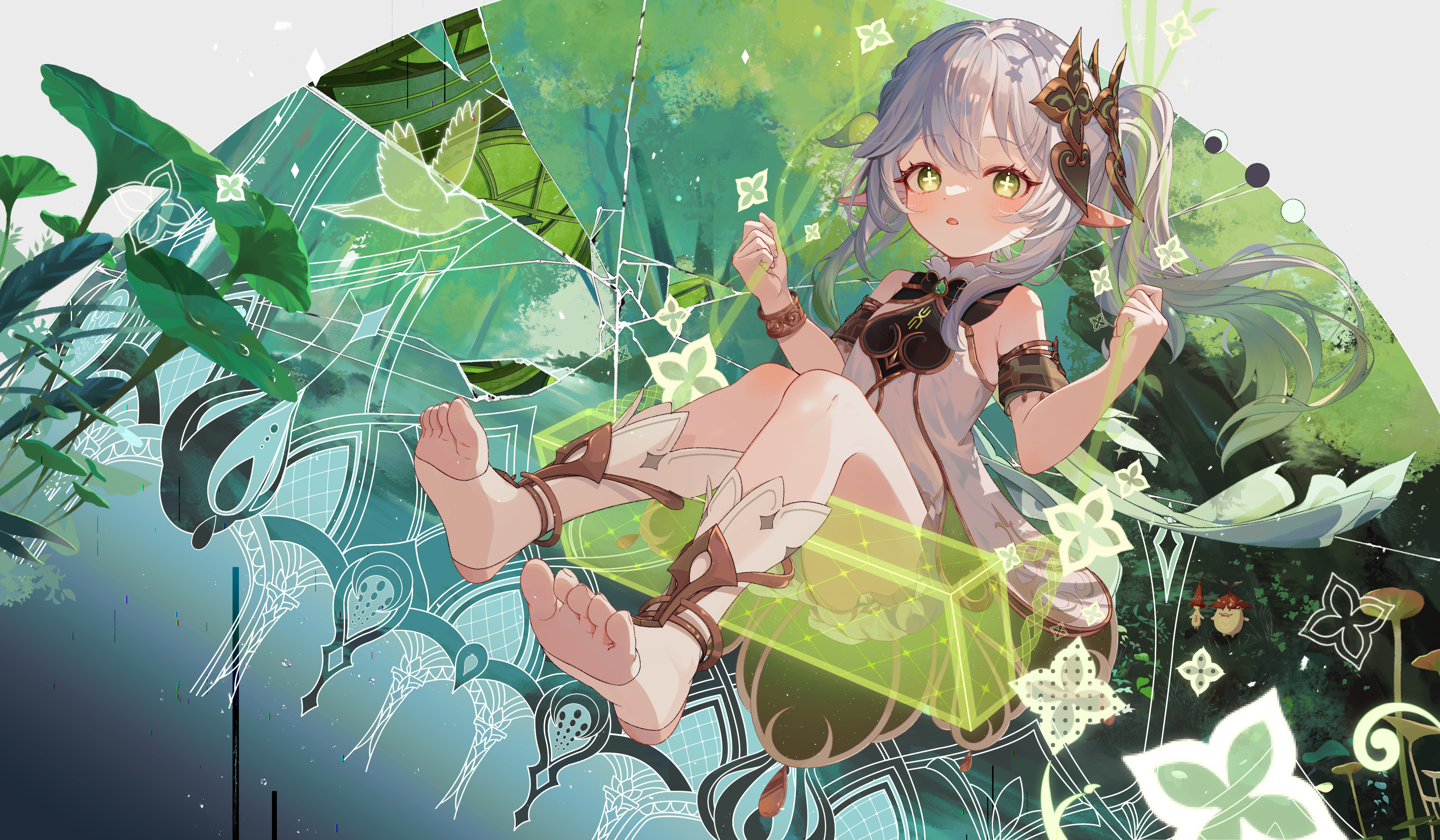 热门渐变头发 坐着 脚 脚底 长发 马尾辫 原神 动漫 动漫女孩 明星 眼睛 双色头发 兽耳 树叶 萝莉 高清壁纸 4093×2388