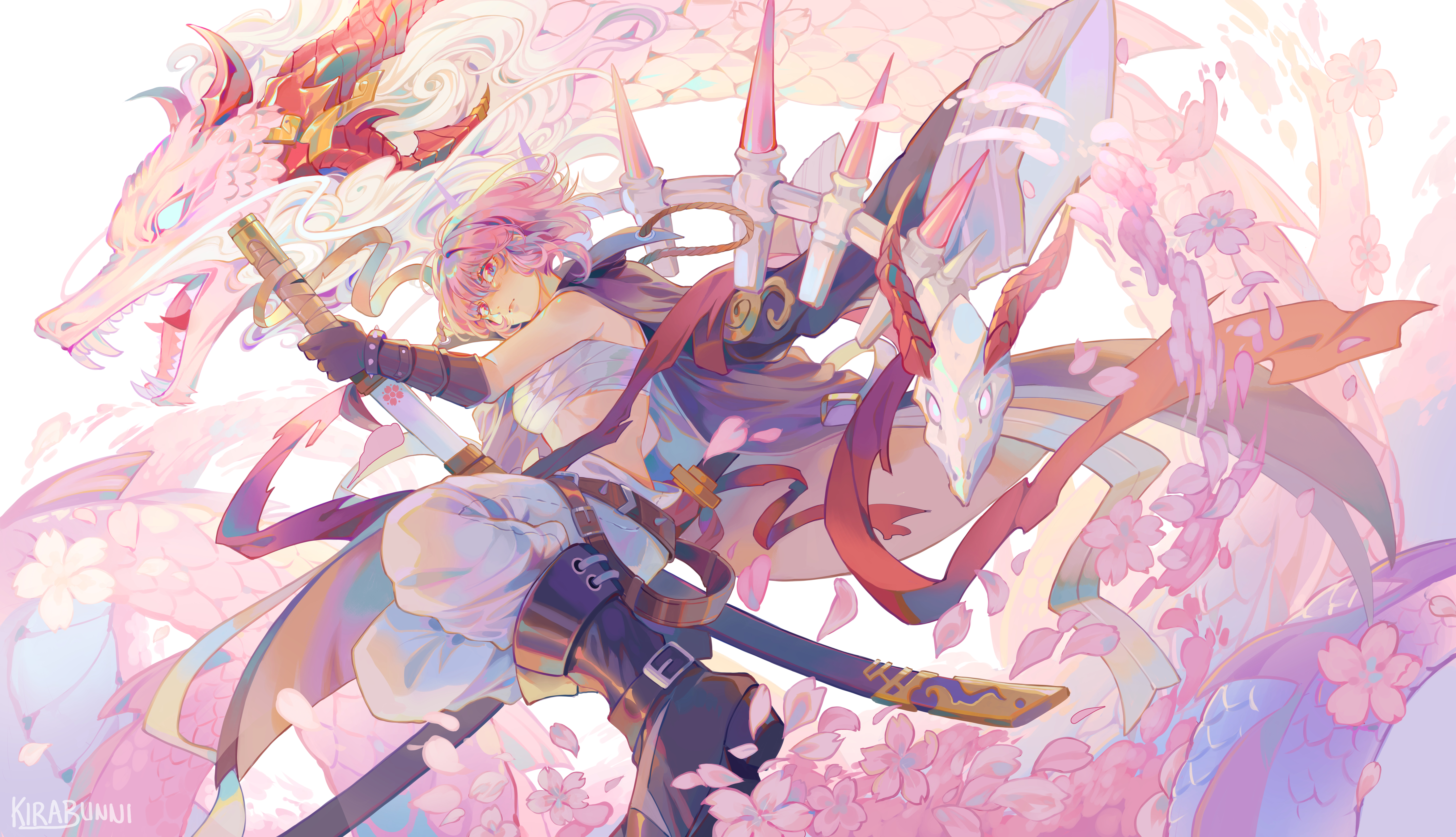 动漫女孩 炼金术 游戏CG 龙 武士 武器 花瓣 中国龙 壁纸 7624×4381