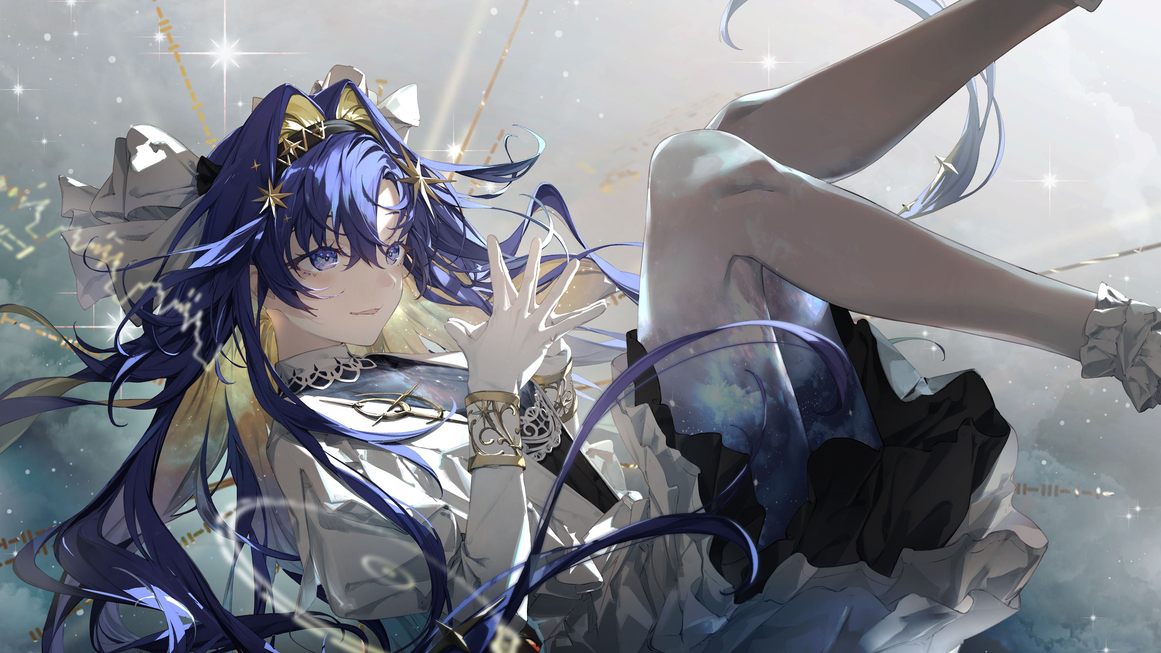 长发 蓝色头发 蓝色眼睛 动漫 动漫女孩 反向 手套 白色衣服 头带 蓬松 袖子 星星 壁纸 3840×2160