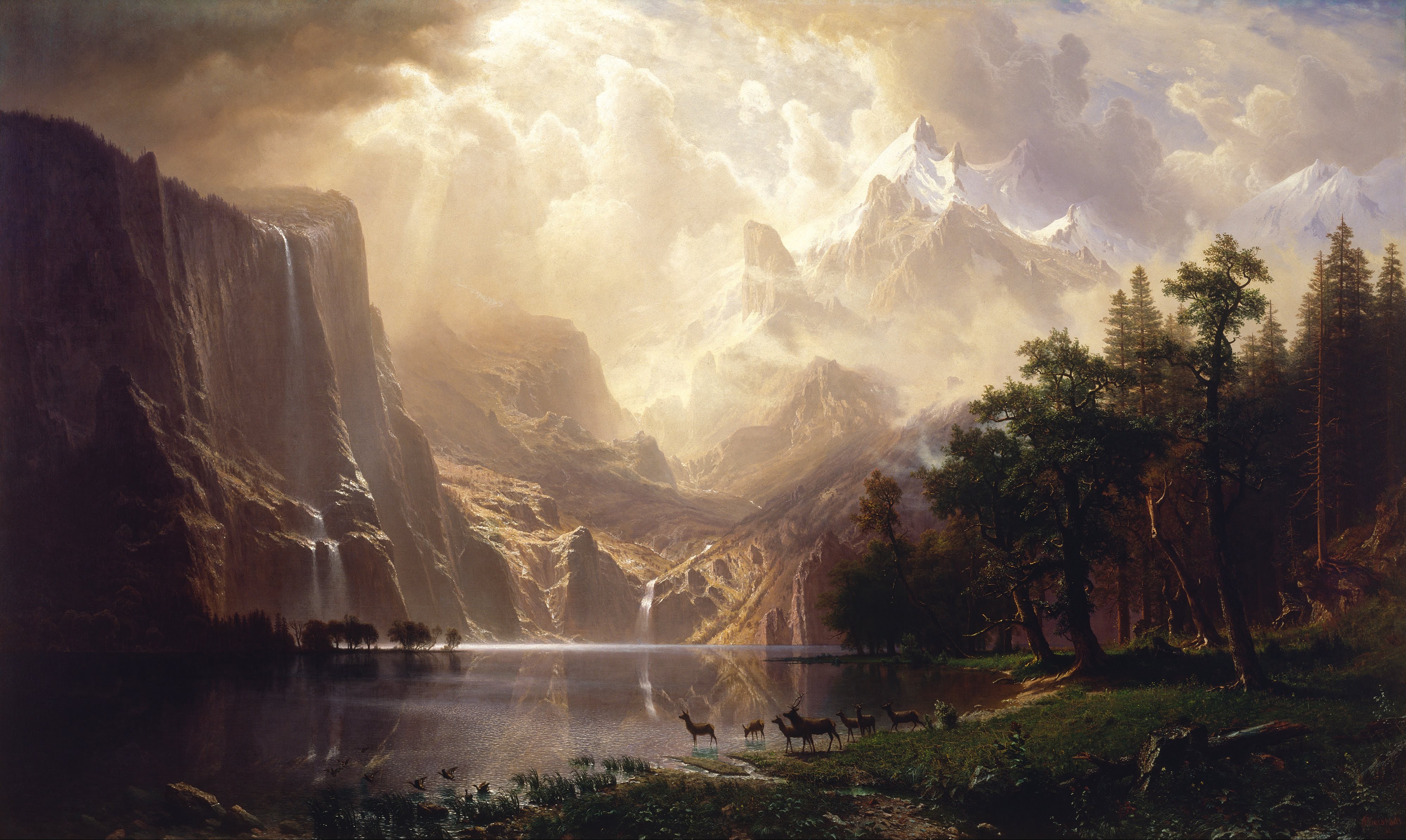 绘画 风景 山 云 荒野 奇幻艺术 天空 阳光 鹿 动物 自然 壁纸 3993×2387