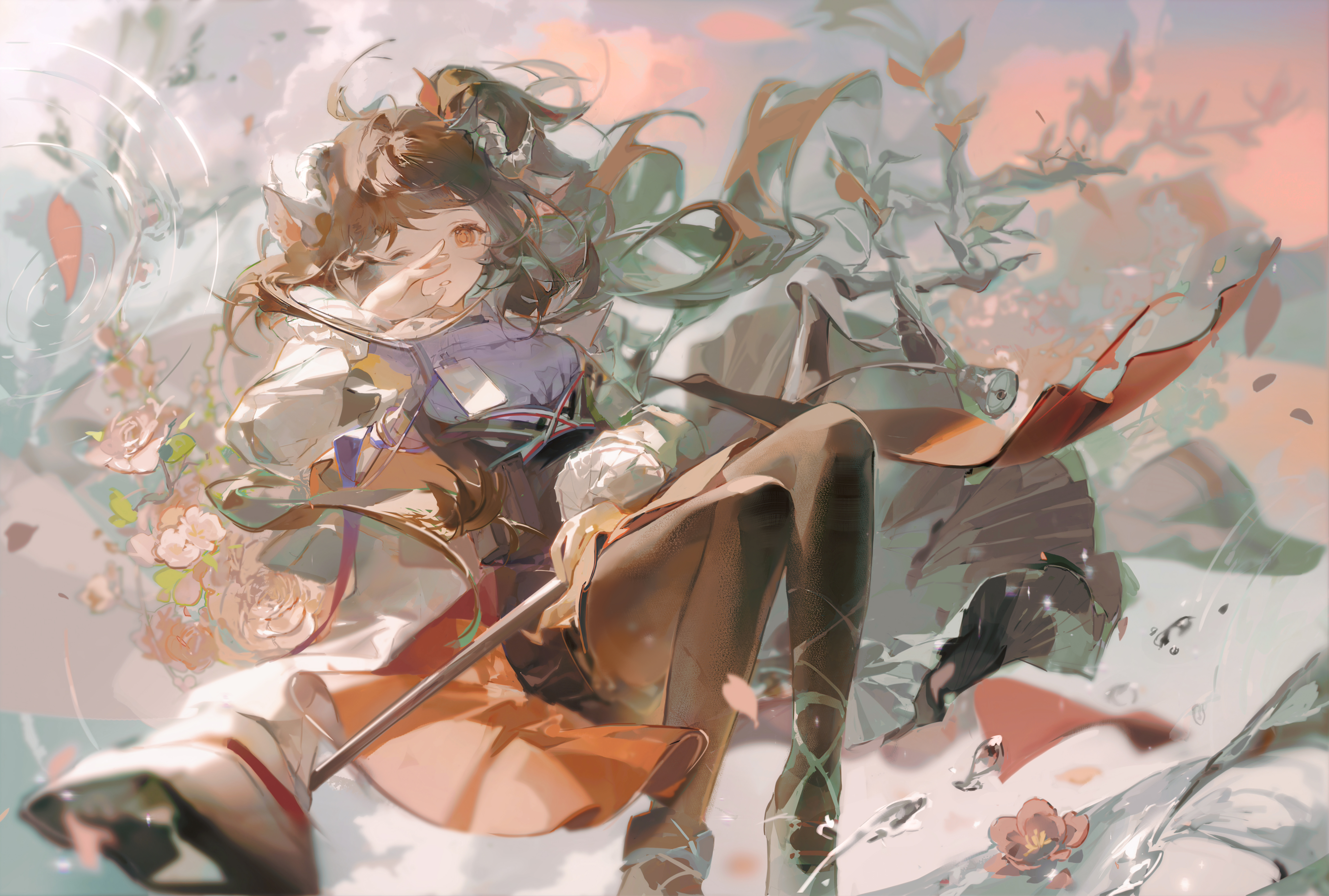经典长发 动漫 动漫女孩 水 花 花瓣 AI艺术 无水印壁纸 5930×4000