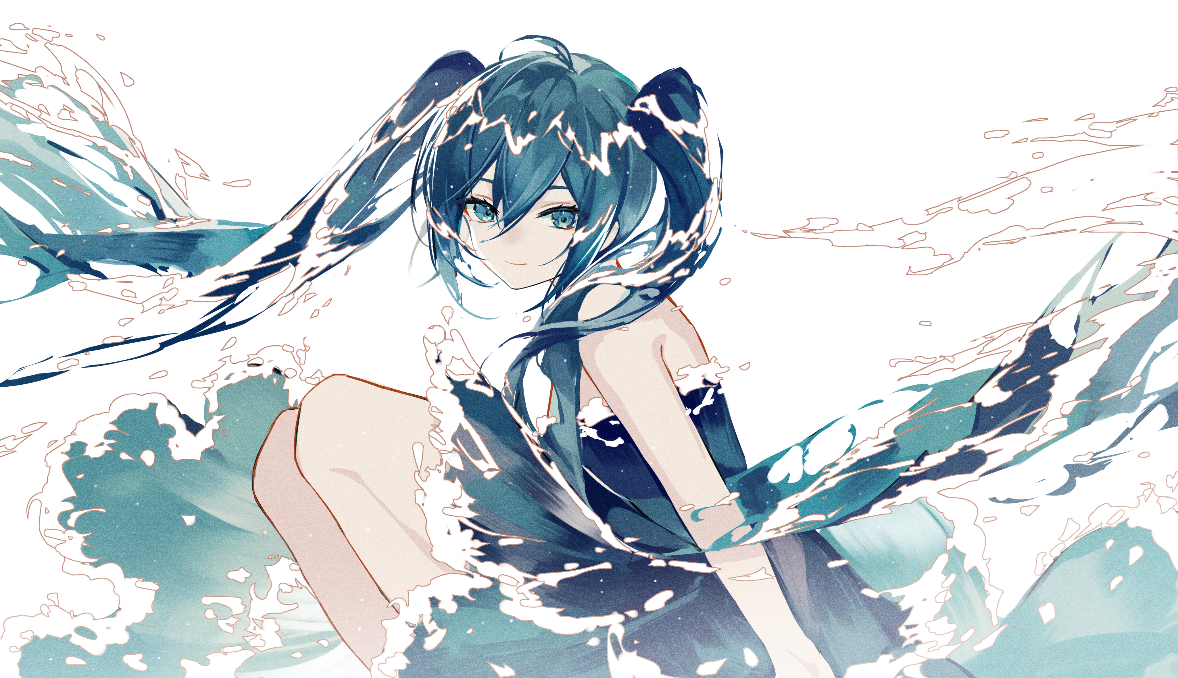 动漫 动漫女孩 初音 双尾 水 海浪 壁纸 4099×2362