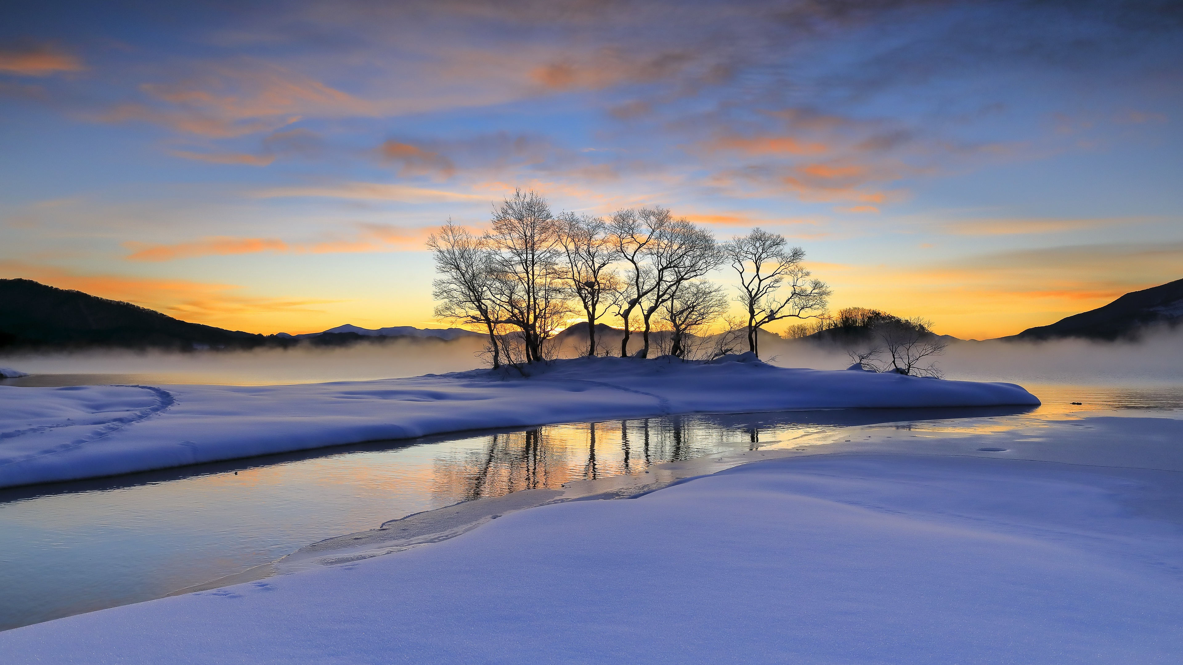 精选冬天 日落 户外 风景 自然 阳光 寒冷 冰 水 雪 壁纸 3840×2160