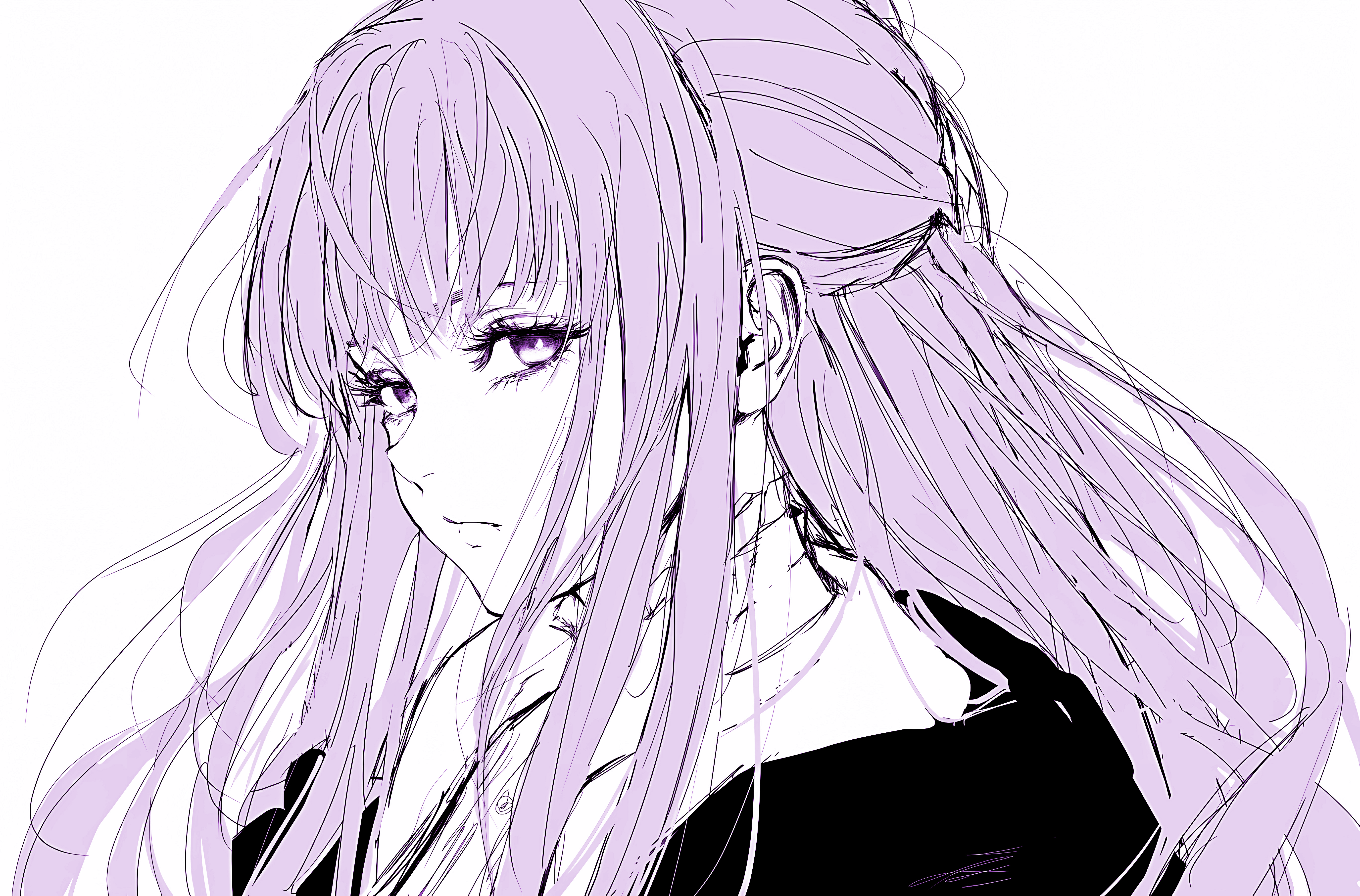 绝美长发 紫色头发 简单的背景 绘画 白色背景 紫色眼睛 动漫女孩 壁纸 5468×3604