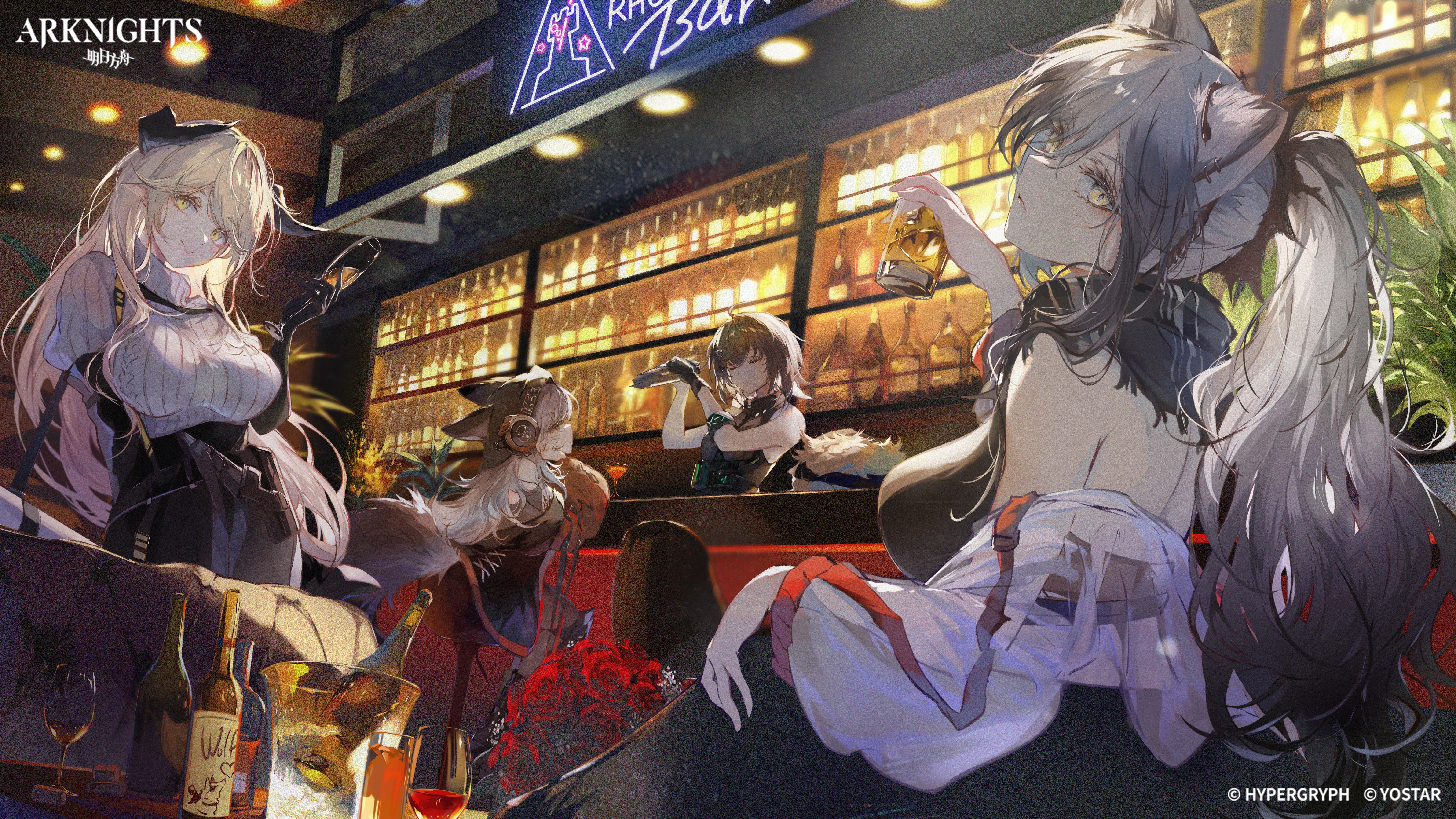 热门酒吧 动漫 动漫女孩 手绘 酒杯 酒瓶 明日方舟 礼服 耳朵 兽耳 尾巴 高清壁纸 6222×3500