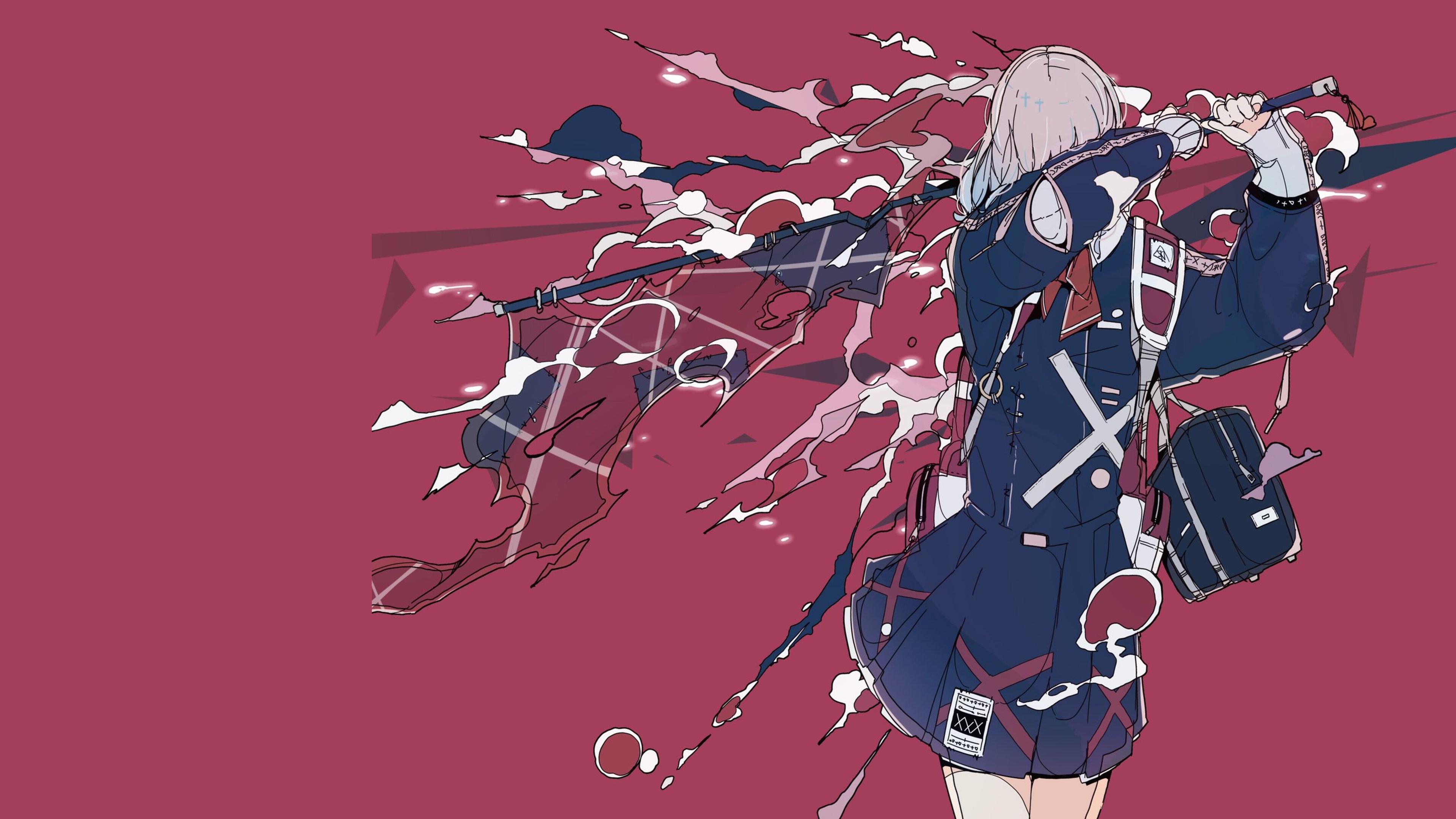 原创人物 动漫女孩 红色背景 简单背景 极简主义 背包 无水印壁纸 3840×2160