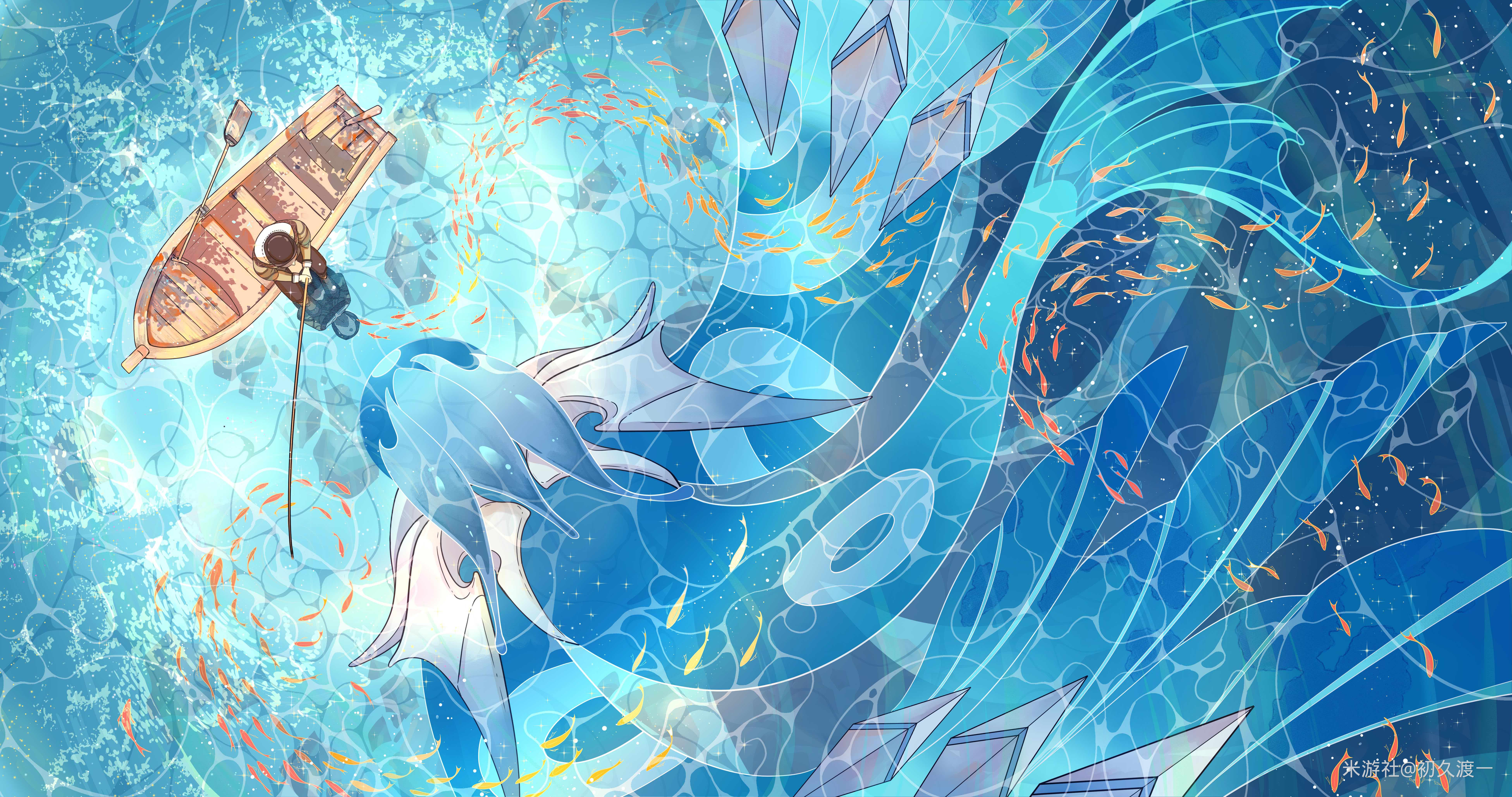 热门动漫男孩 生物 水 鱼 动物 船 钓鱼 原神 人鱼 高清壁纸 7807×4114