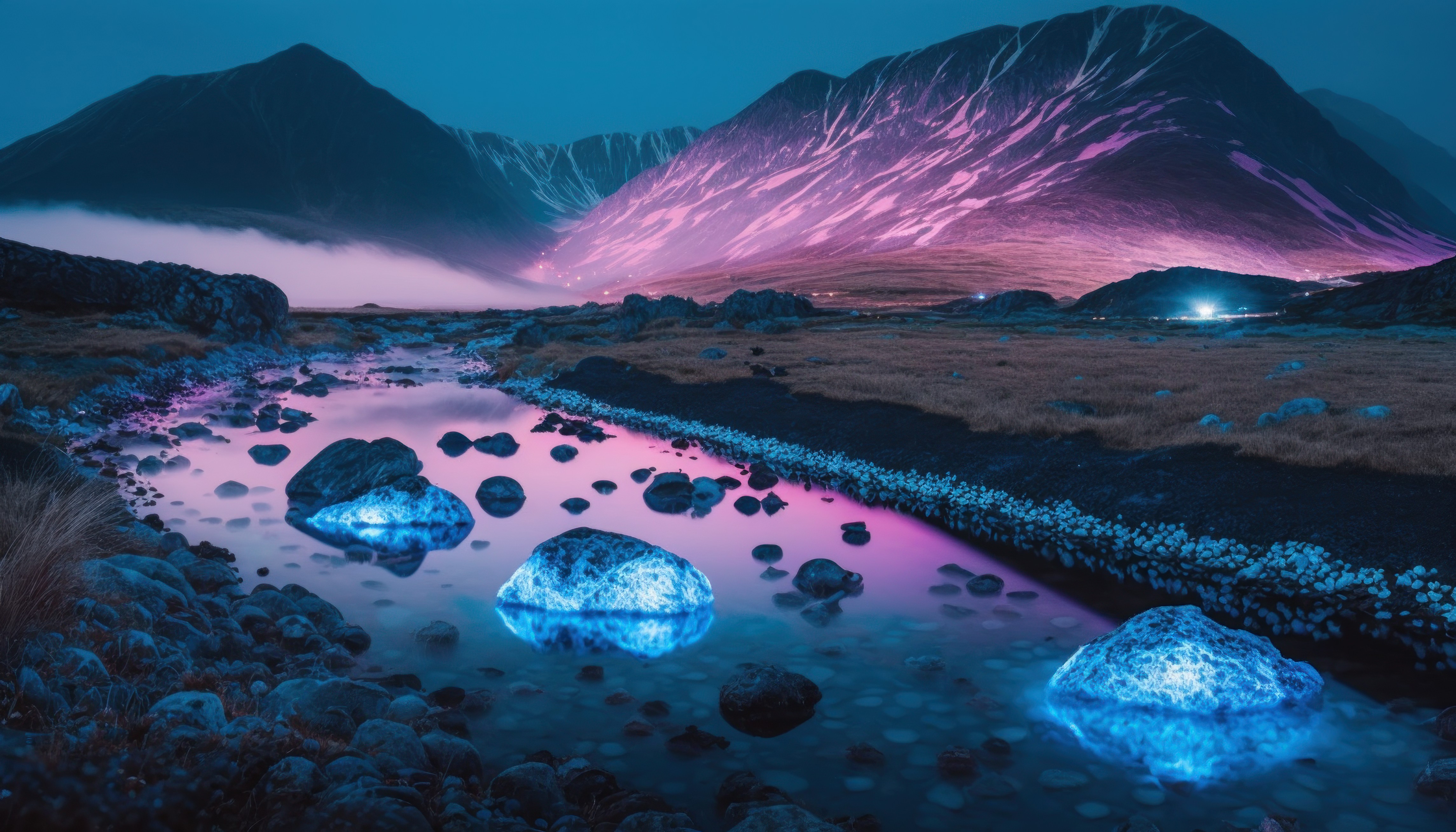 艺术 生物发光 紫色 蓝色 水 山脉 自然 壁纸 4579×2616