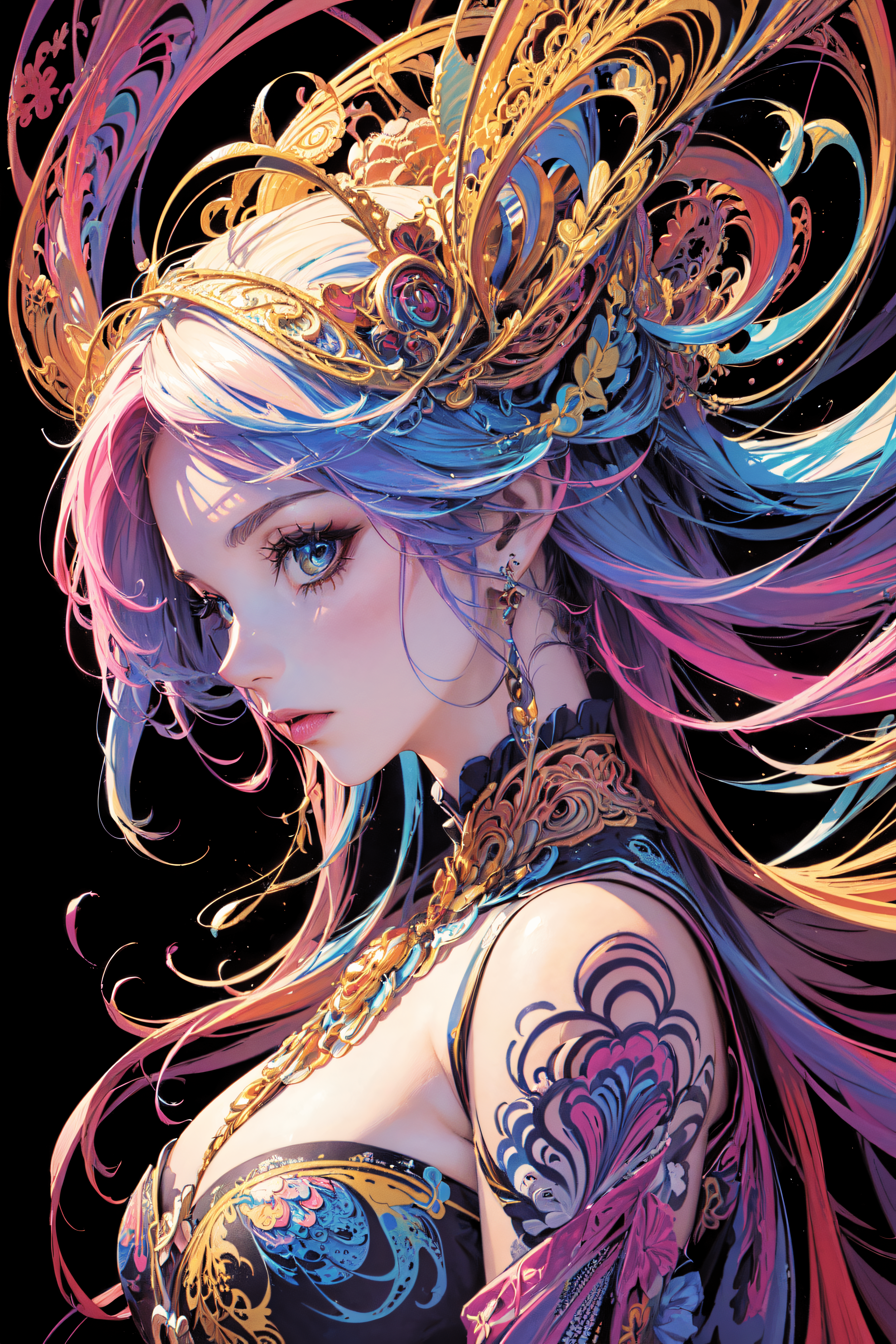 热门多彩头发 蓝眼睛 长发 艺术 五颜六色 AI艺术 耳环 4手机 4K壁纸 4096×6144