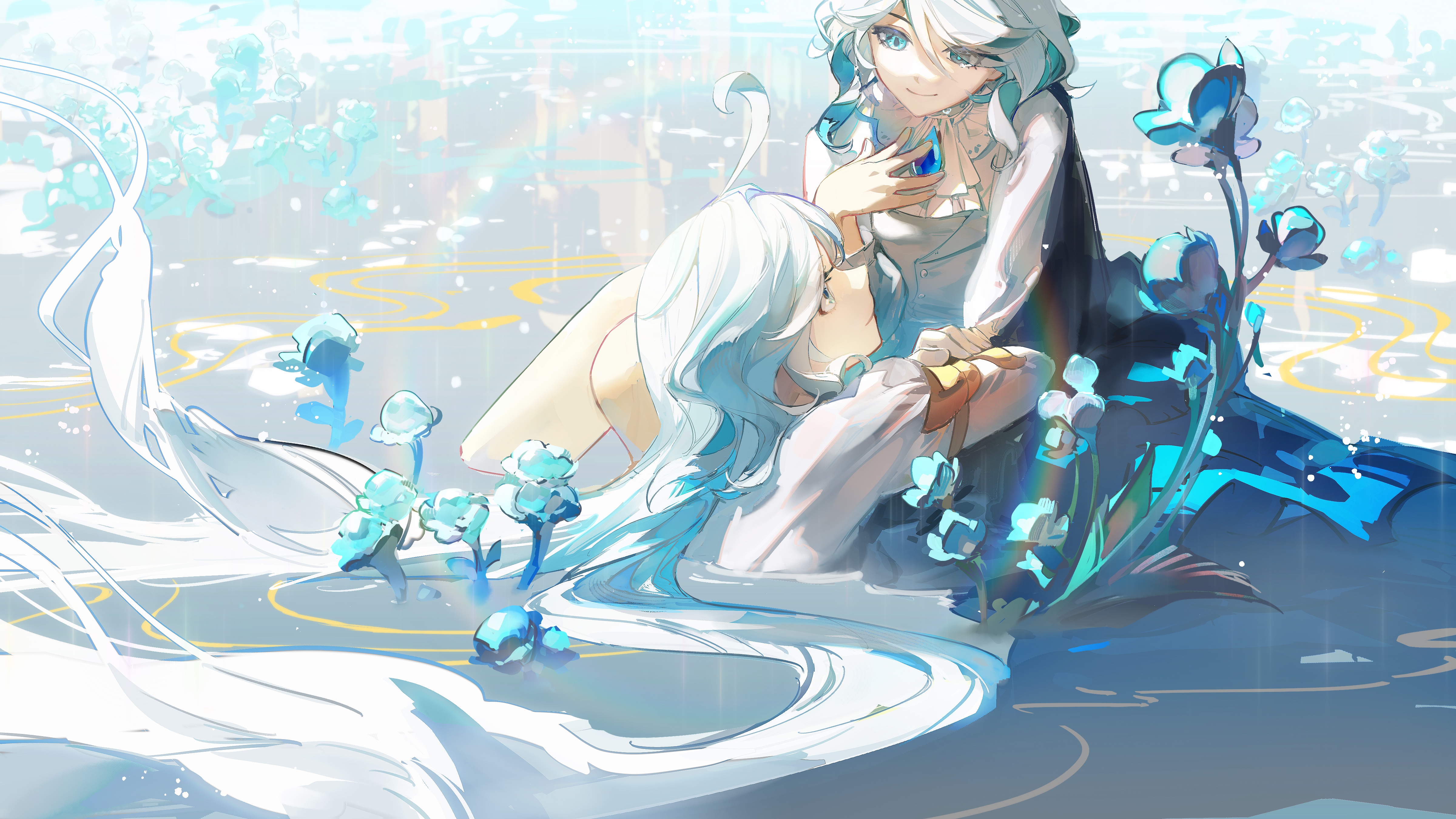 热门蓝色头发 长发 动漫 动漫女孩 水 阳光 宝石 壁纸 4800×2700