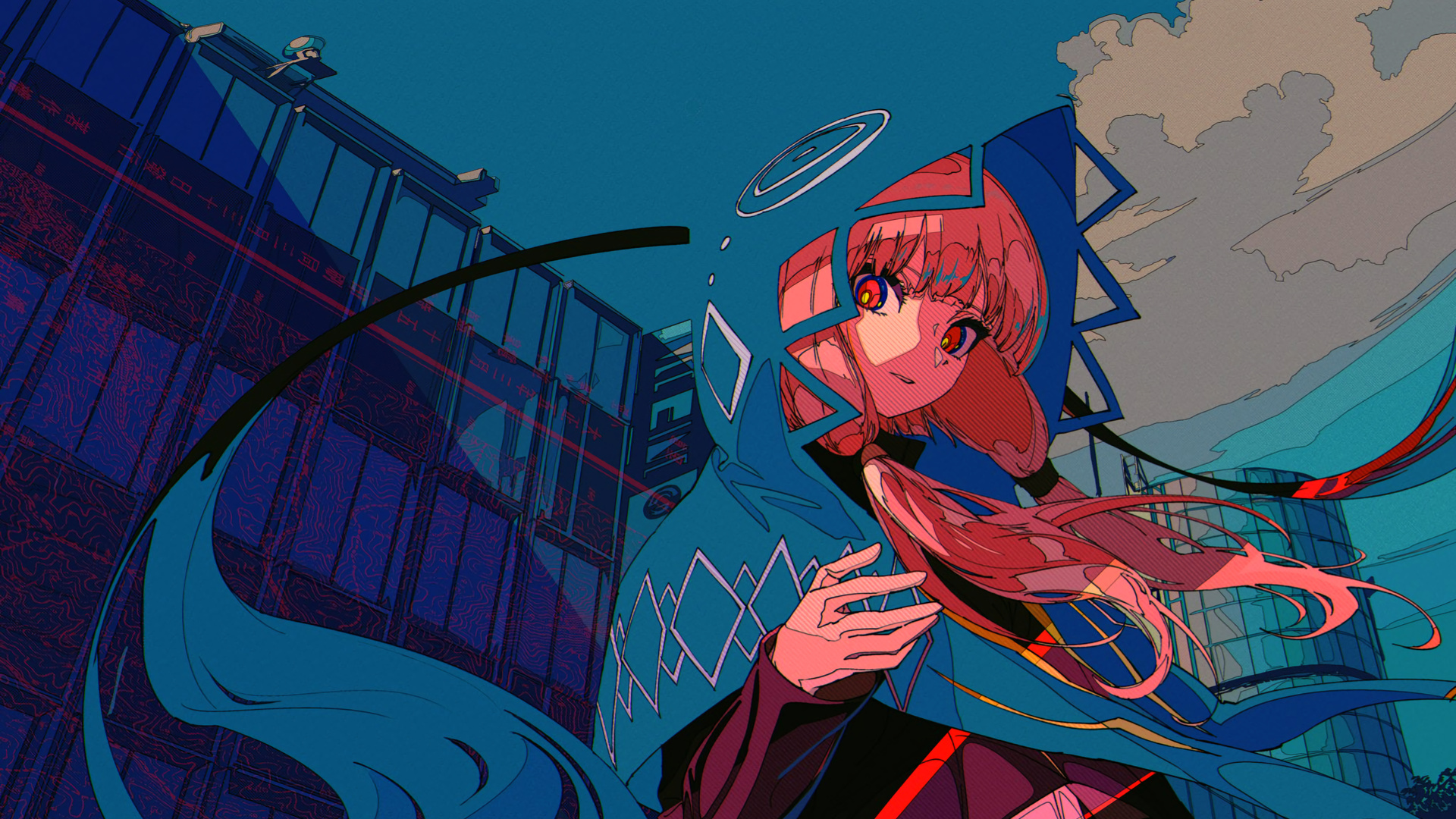 长发 动漫 动漫女孩 双尾 天空 云 建筑 壁纸 4096×2374