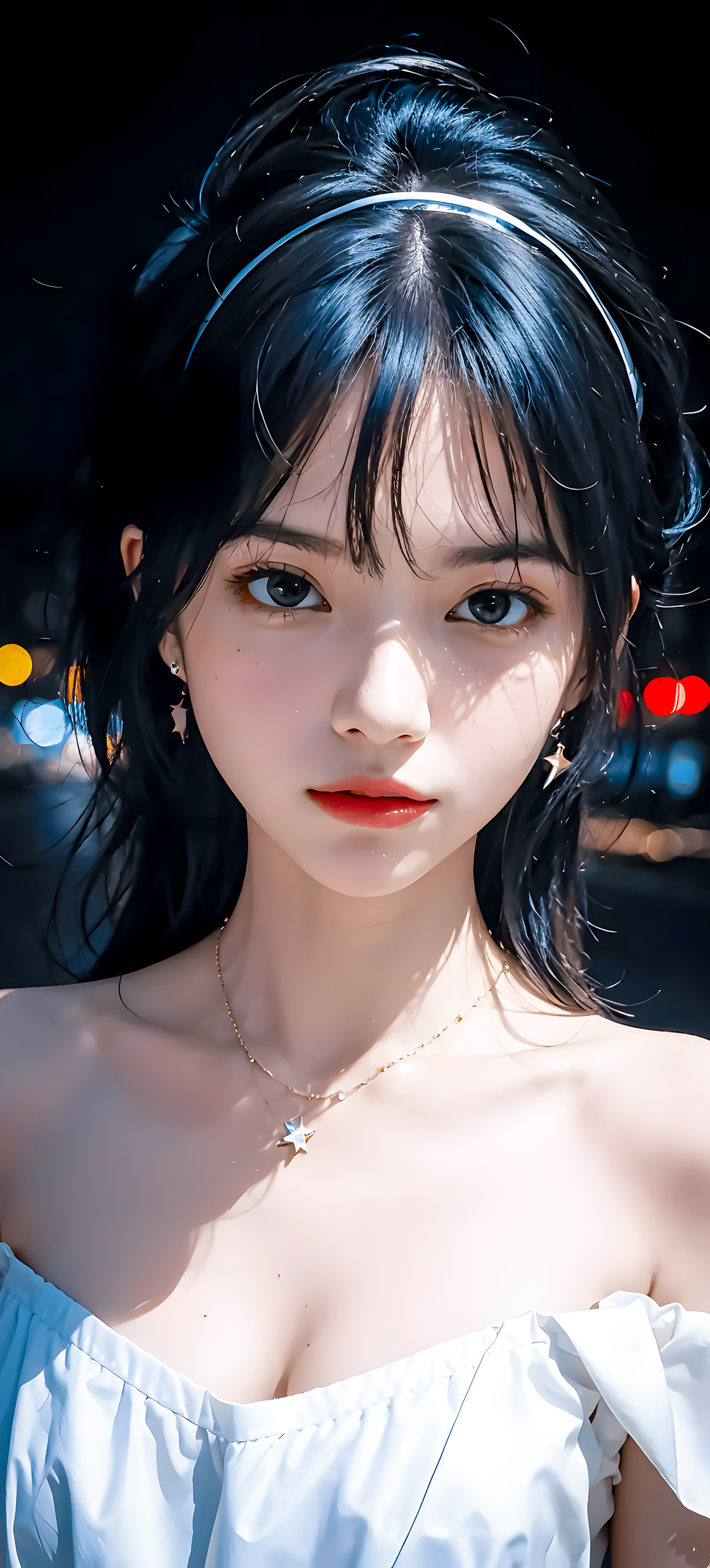 绚丽女性 亚洲 肩膀 深色头发 长发 艺术 项链 景深 城市灯光 手机 手机壁纸 4096×6144