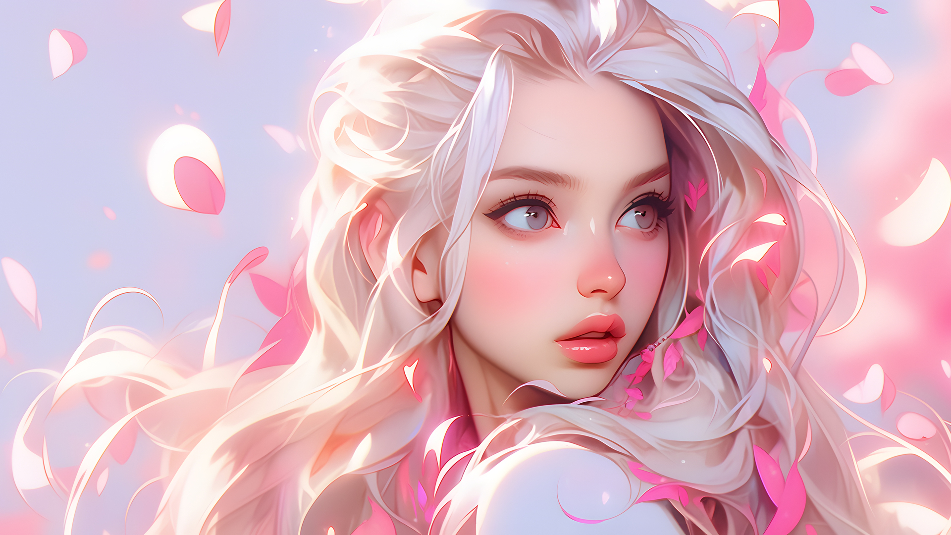 女人 长发 白发 灰色 眼睛 艺术 花瓣 电脑 桌面壁纸 3840×2160