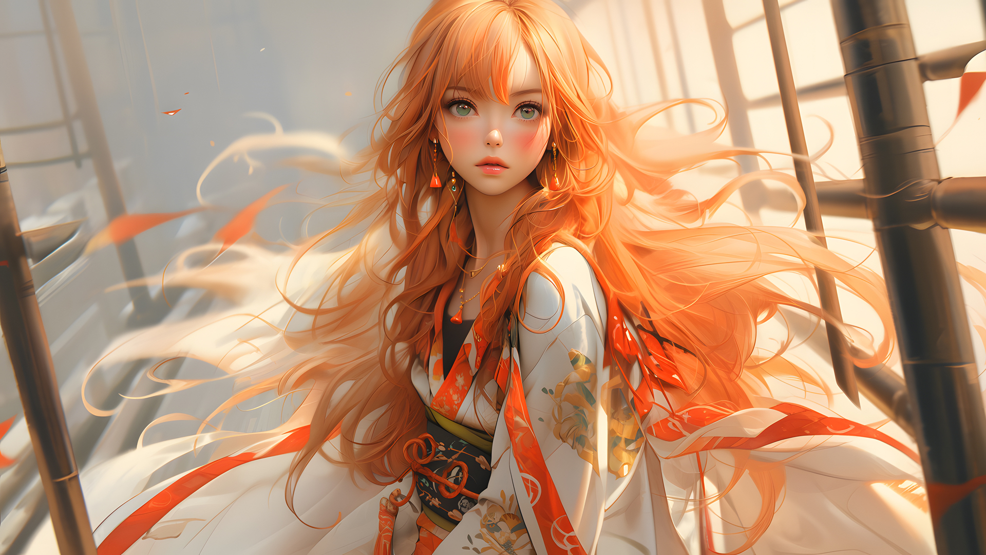 绝美女人 红发 长发 服装 AI艺术 阳光 耳环 项链 腮红 电脑 壁纸 3840×2160