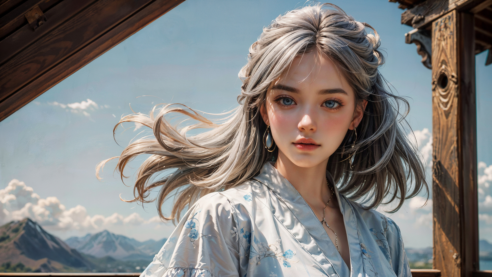 绝美女人 头发 长发 艺术 耳环 天空 云 山 电脑 高清壁纸 3840×2176