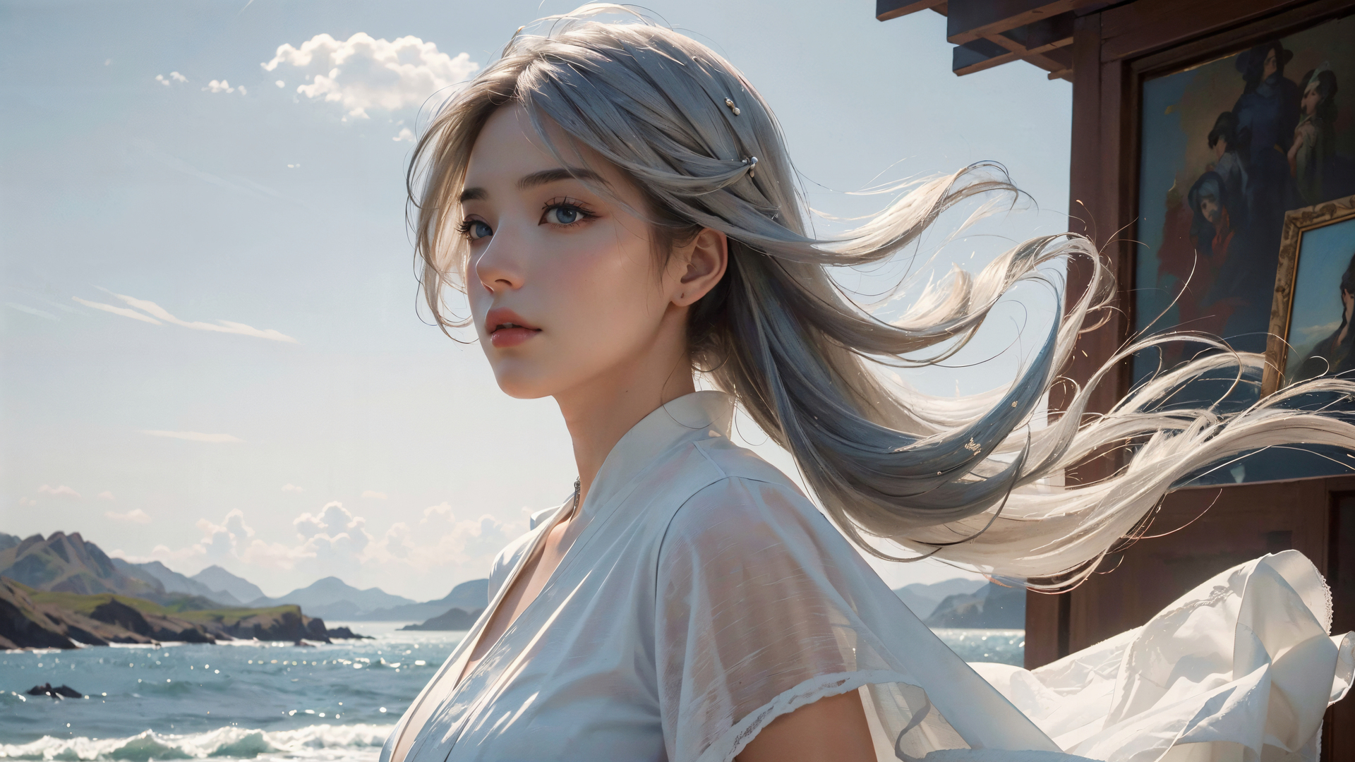 女人 长发 AI艺术 天空 山脉 银发 电脑 壁纸 3840×2176