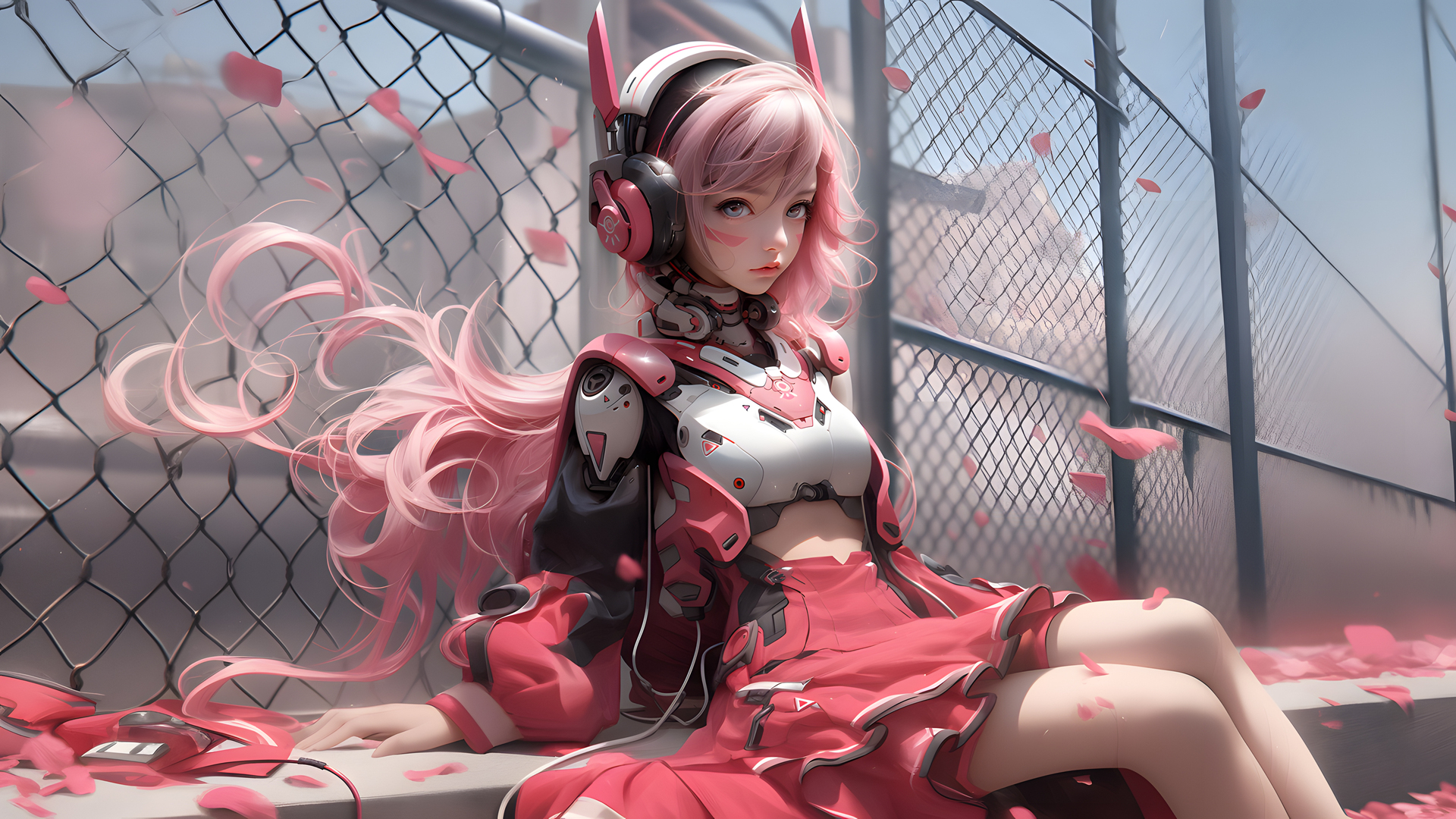 超清女人 长发 艺术 AI艺术 花瓣 栅栏 耳机 电脑 壁纸 3840×2160
