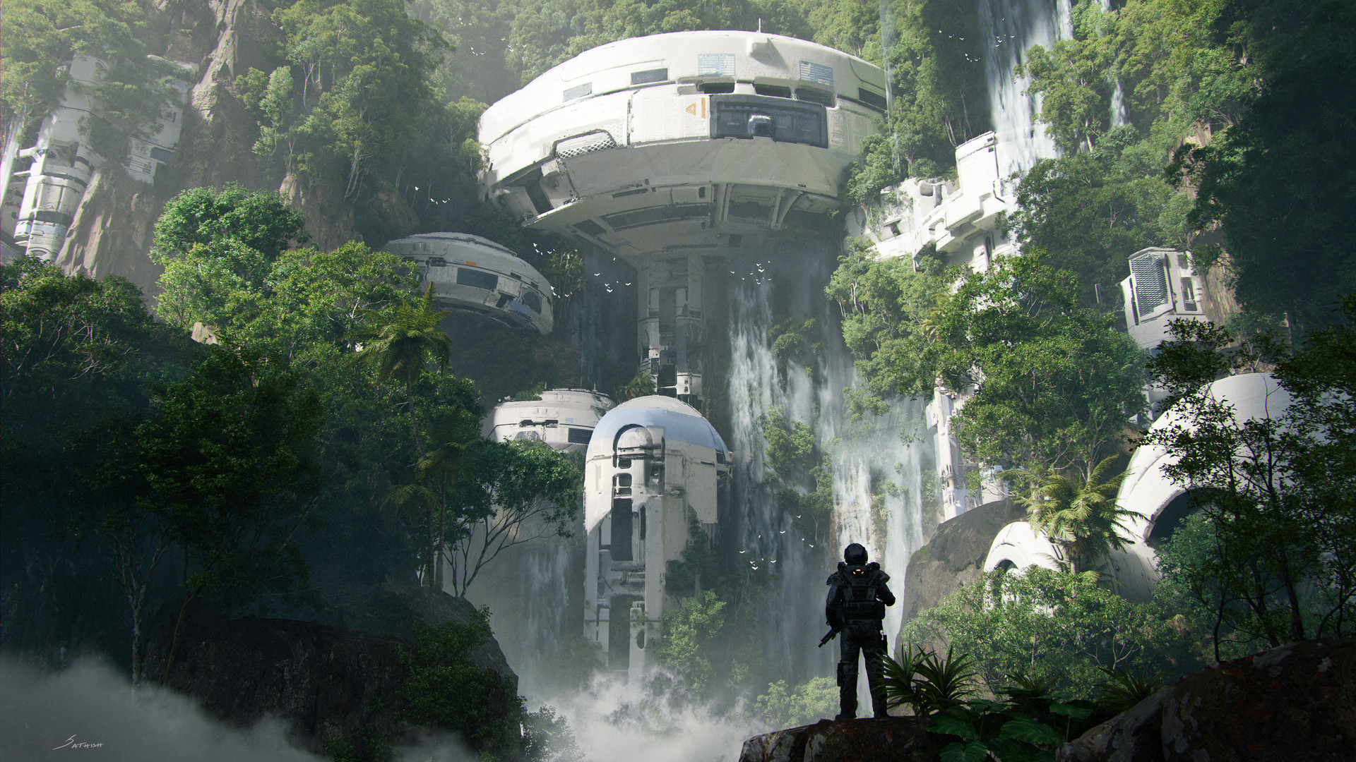 奇幻艺术 瀑布 森林 树木 建筑 未来主义 科幻 水 壁纸 3840×2160
