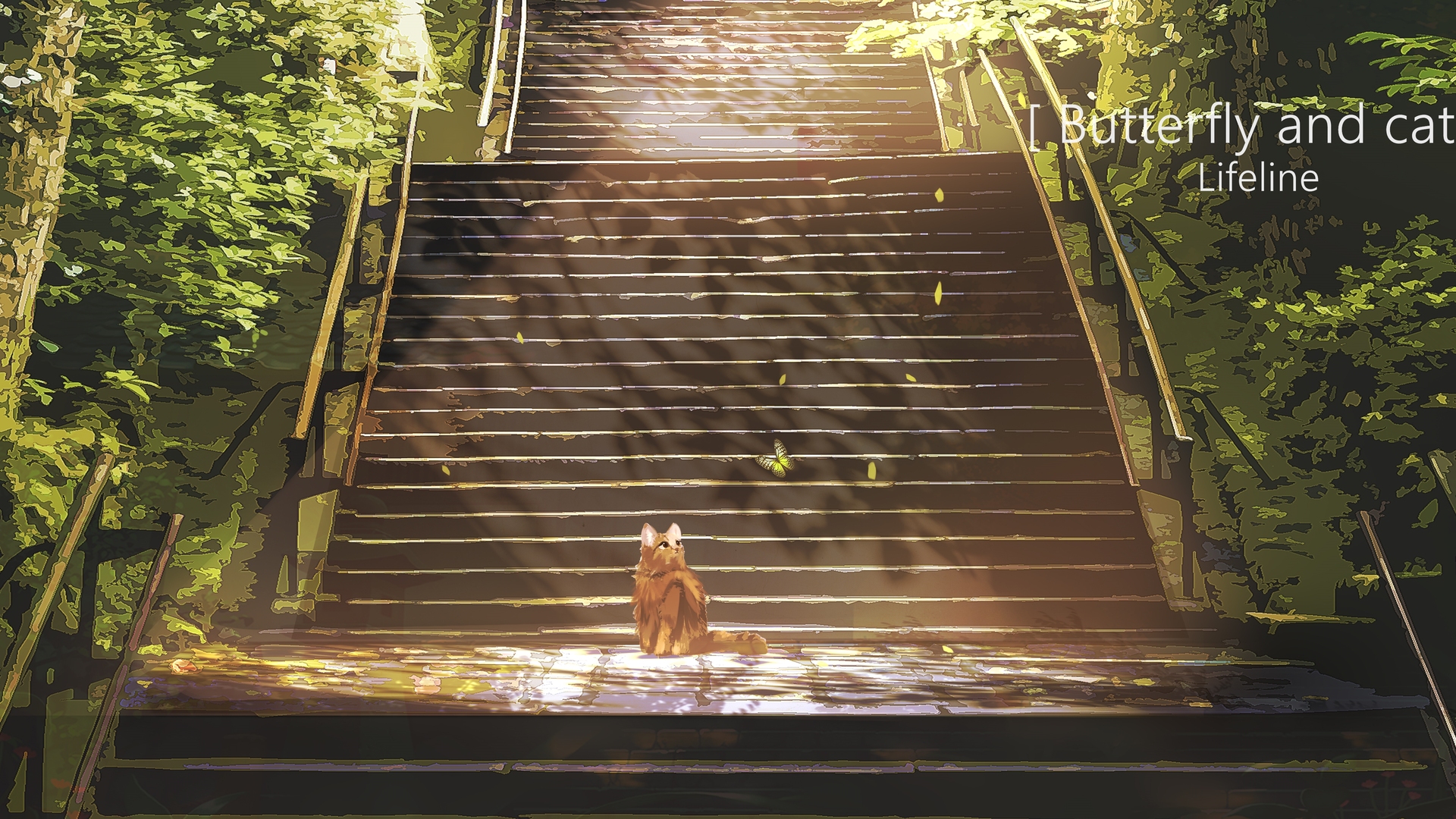 动漫 AI艺术 猫 蝴蝶 楼梯 壁纸 4800×2280