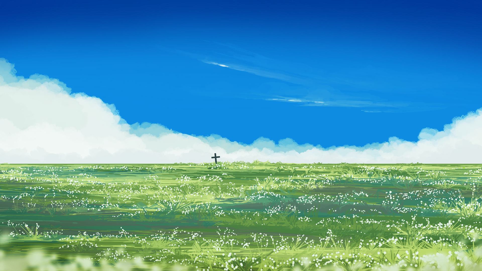 热门草 天空 云 十字 高清壁纸 5640×2400