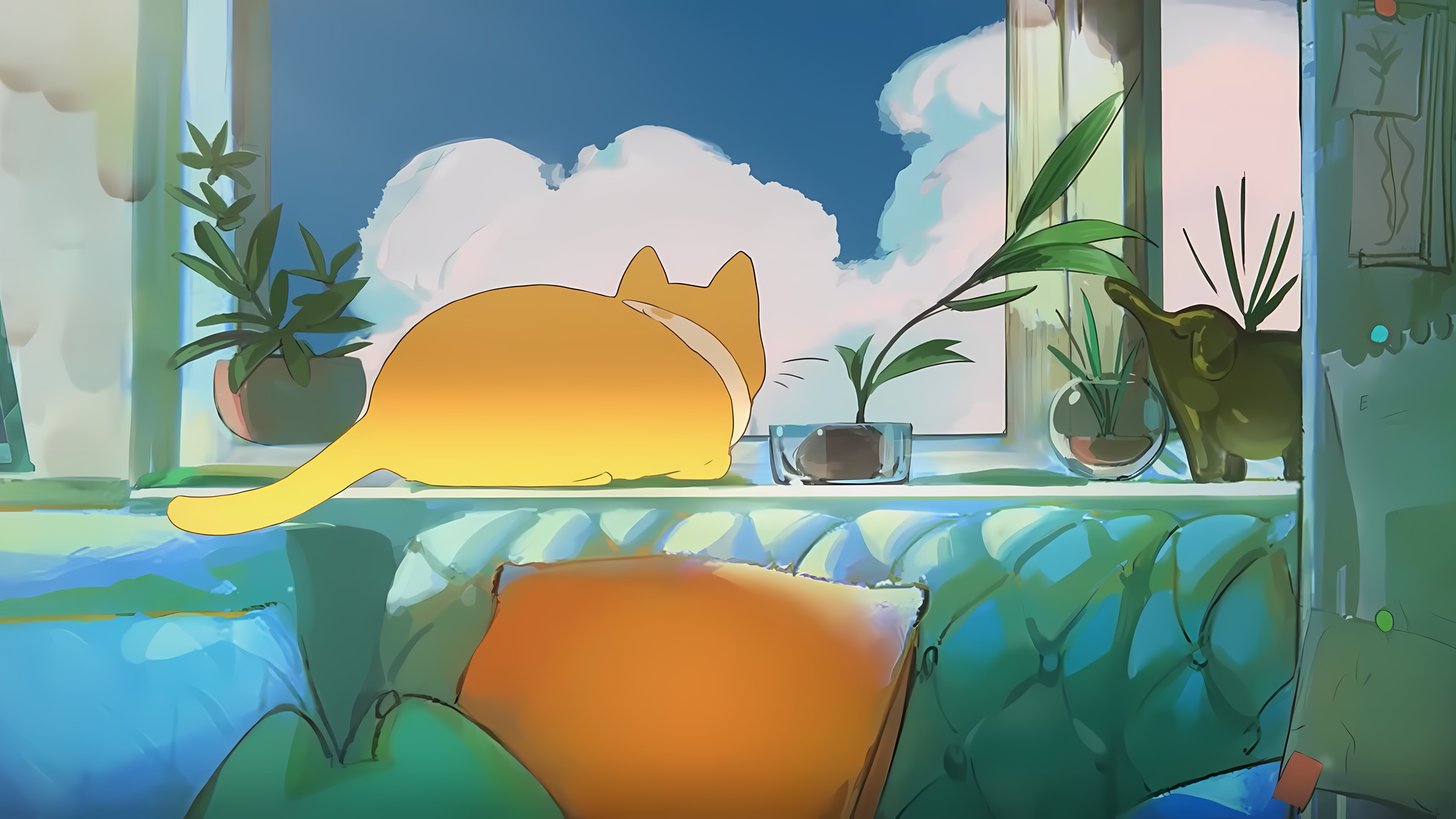 云 植物 盆 猫 沙发 动物 壁纸 7680×3256