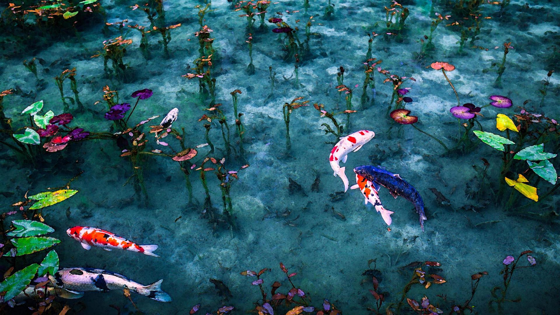 绘画 植物 树叶 鱼 锦鲤 电脑 桌面壁纸 3840×2400